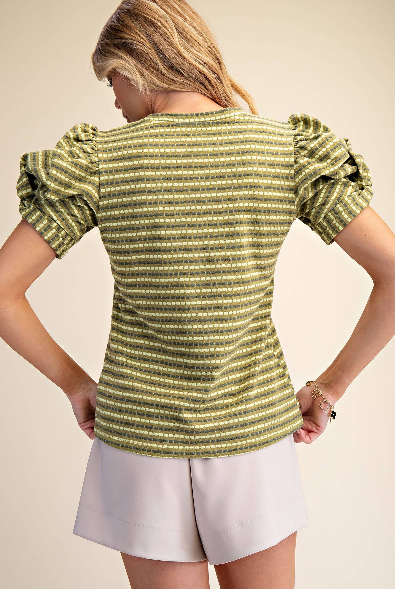 Round Neck Puff Sleeve Stripe Top - Deadwood South Boutique & Company LLC