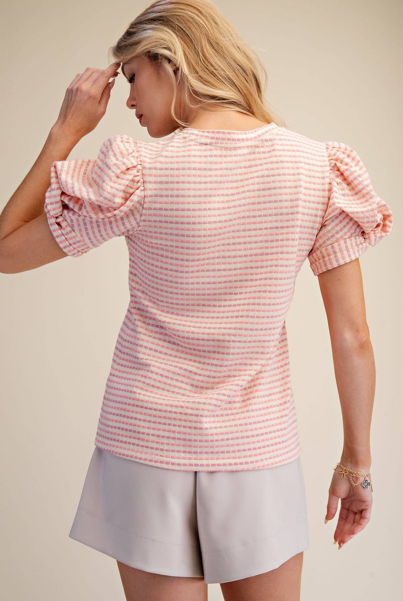 Round Neck Puff Sleeve Stripe Top - Deadwood South Boutique & Company LLC