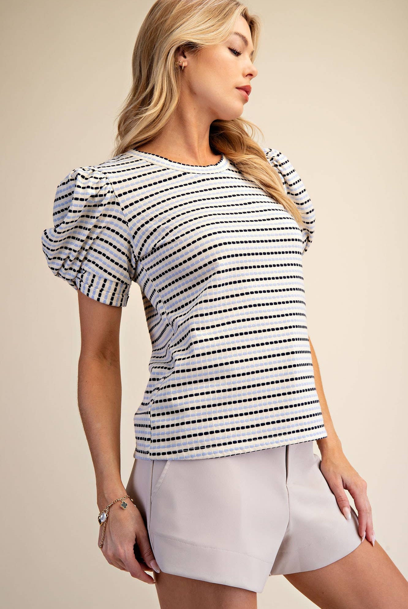 Round Neck Puff Sleeve Stripe Top - Deadwood South Boutique & Company LLC