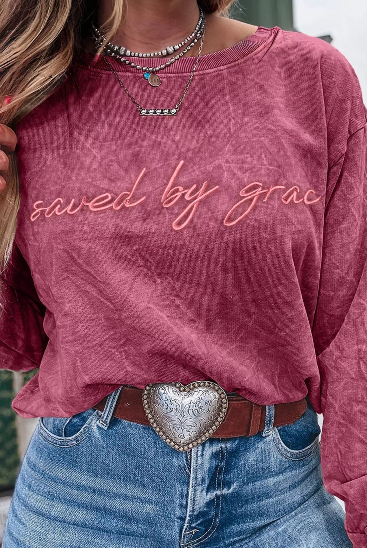 Saved By Grace Letter Embroidery Mineral Wash Loose Sweatshirt - Deadwood South Boutique & Company LLC