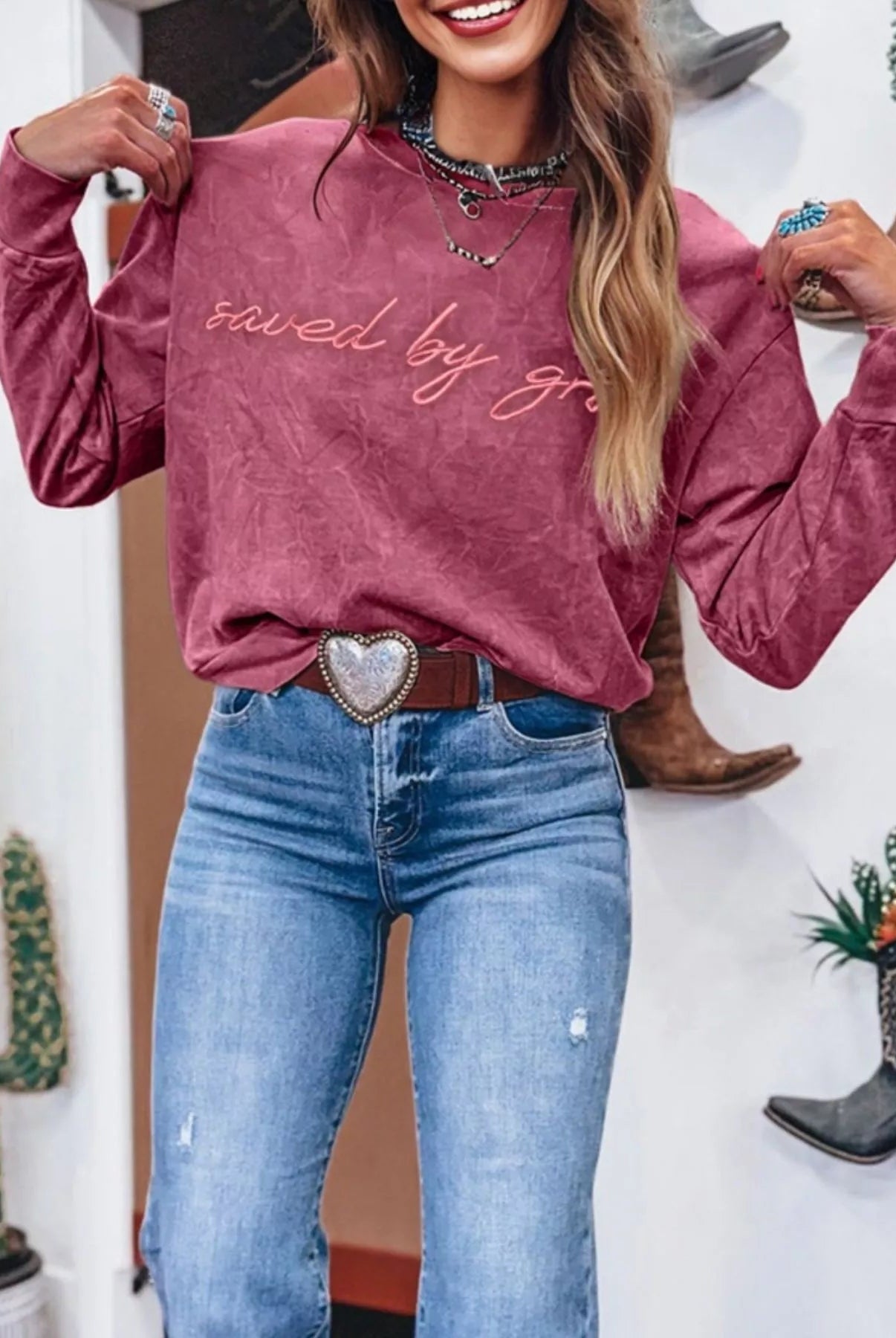 Saved By Grace Letter Embroidery Mineral Wash Loose Sweatshirt - Deadwood South Boutique & Company LLC