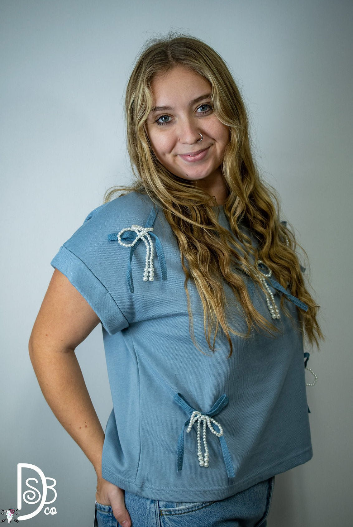 Short Sleeve Knit Top with Pearl & Denim Bows - Deadwood South Boutique & Company LLC