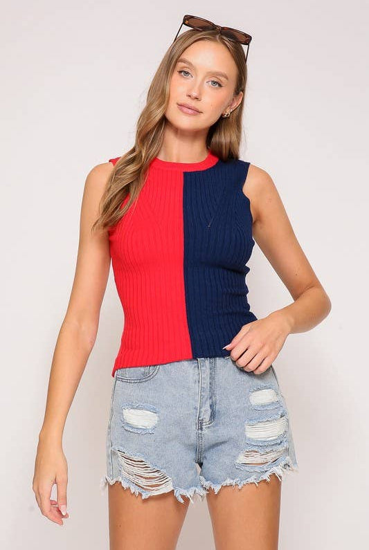 Sleeveless Color Block Contrast Ribbed Top - Deadwood South Boutique & Company LLC