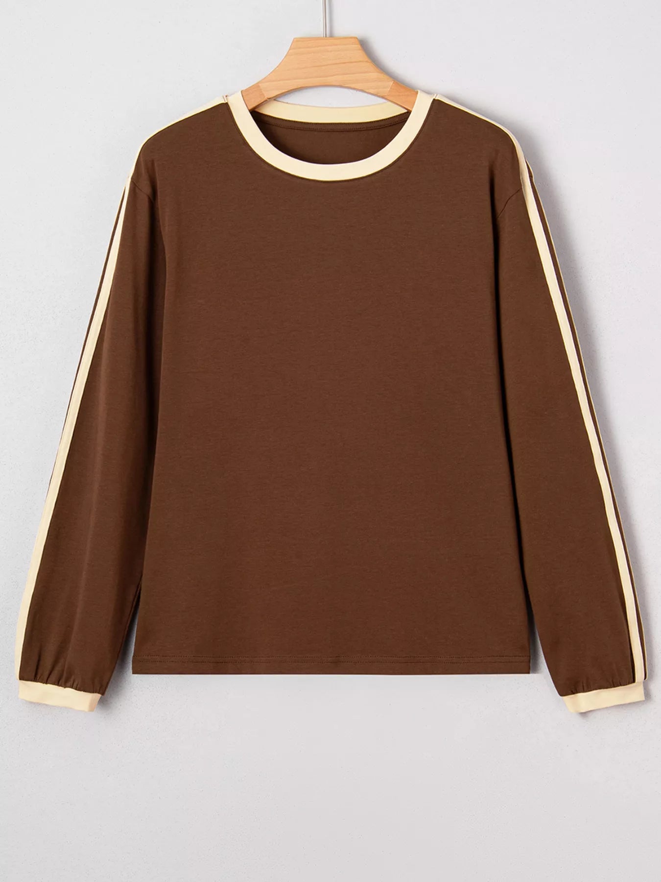 Striped Accent Contrast Crew Neck Long Sleeve T Shirt - Deadwood South Boutique & Company LLC