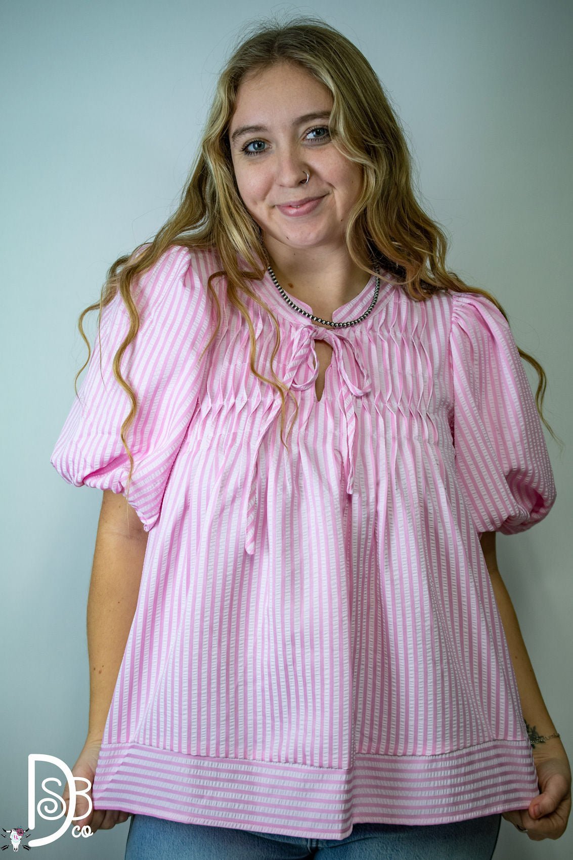 Striped Puff Sleeve Top with Pintuck Detail & Neck Tie - Deadwood South Boutique & Company LLC