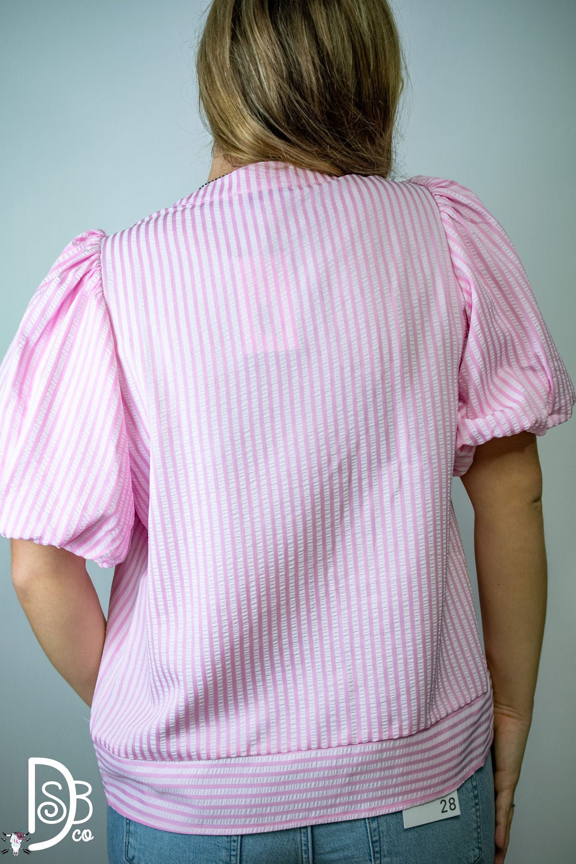Striped Puff Sleeve Top with Pintuck Detail & Neck Tie - Deadwood South Boutique & Company LLC