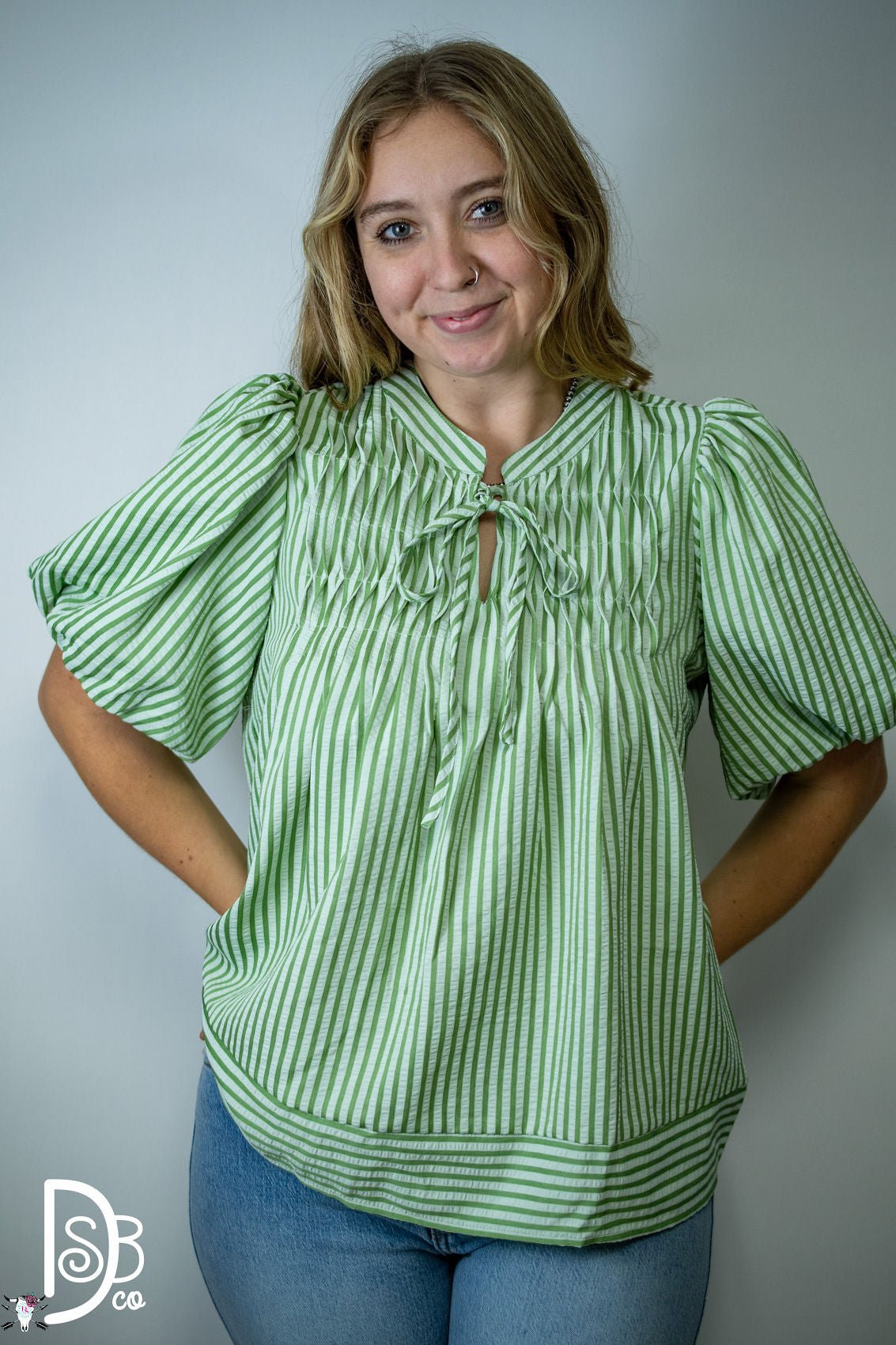 Striped Puff Sleeve Top with Pintuck Detail & Neck Tie - Deadwood South Boutique & Company LLC
