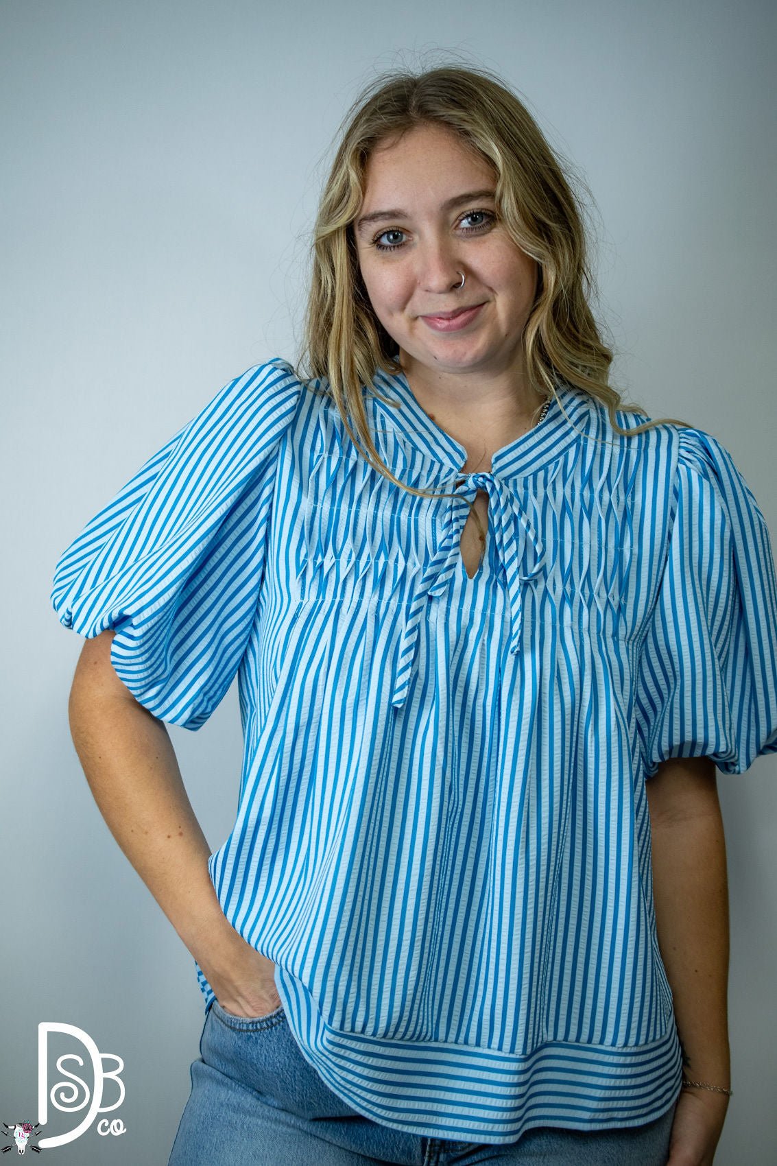 Striped Puff Sleeve Top with Pintuck Detail & Neck Tie - Deadwood South Boutique & Company LLC