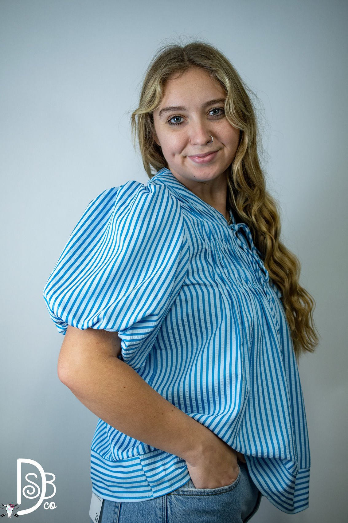 Striped Puff Sleeve Top with Pintuck Detail & Neck Tie - Deadwood South Boutique & Company LLC