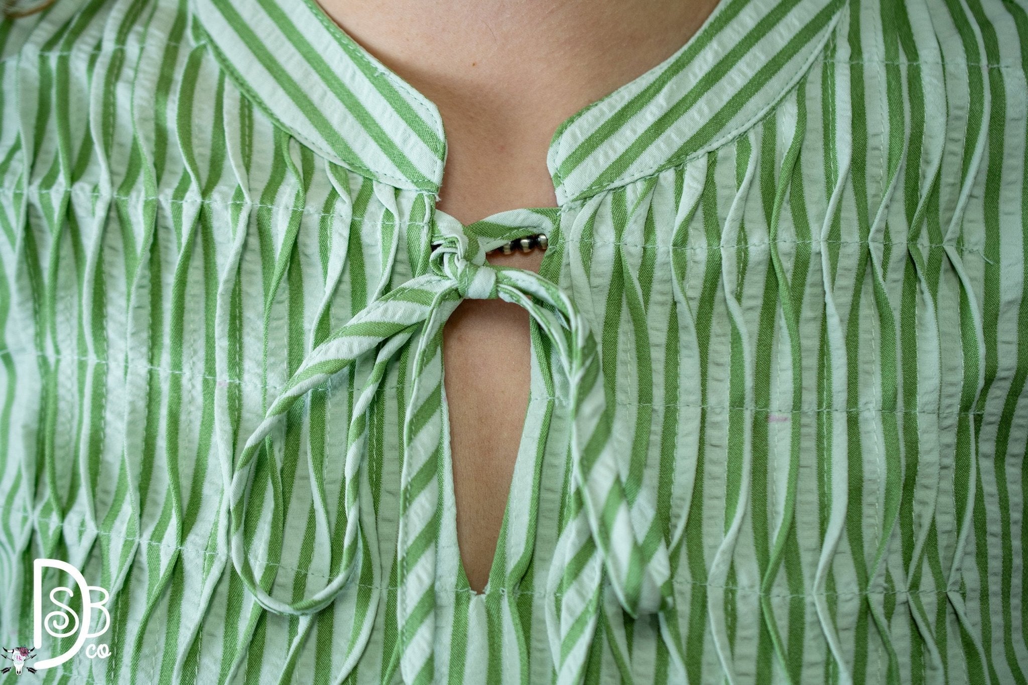 Striped Puff Sleeve Top with Pintuck Detail & Neck Tie - Deadwood South Boutique & Company LLC