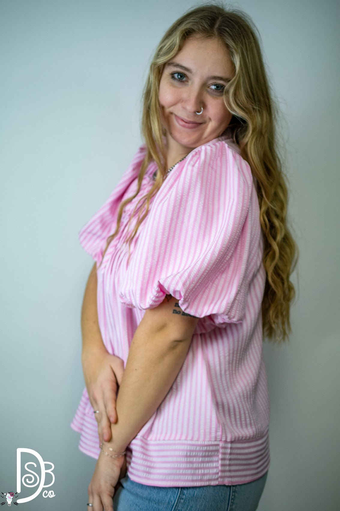 Striped Puff Sleeve Top with Pintuck Detail & Neck Tie - Deadwood South Boutique & Company LLC
