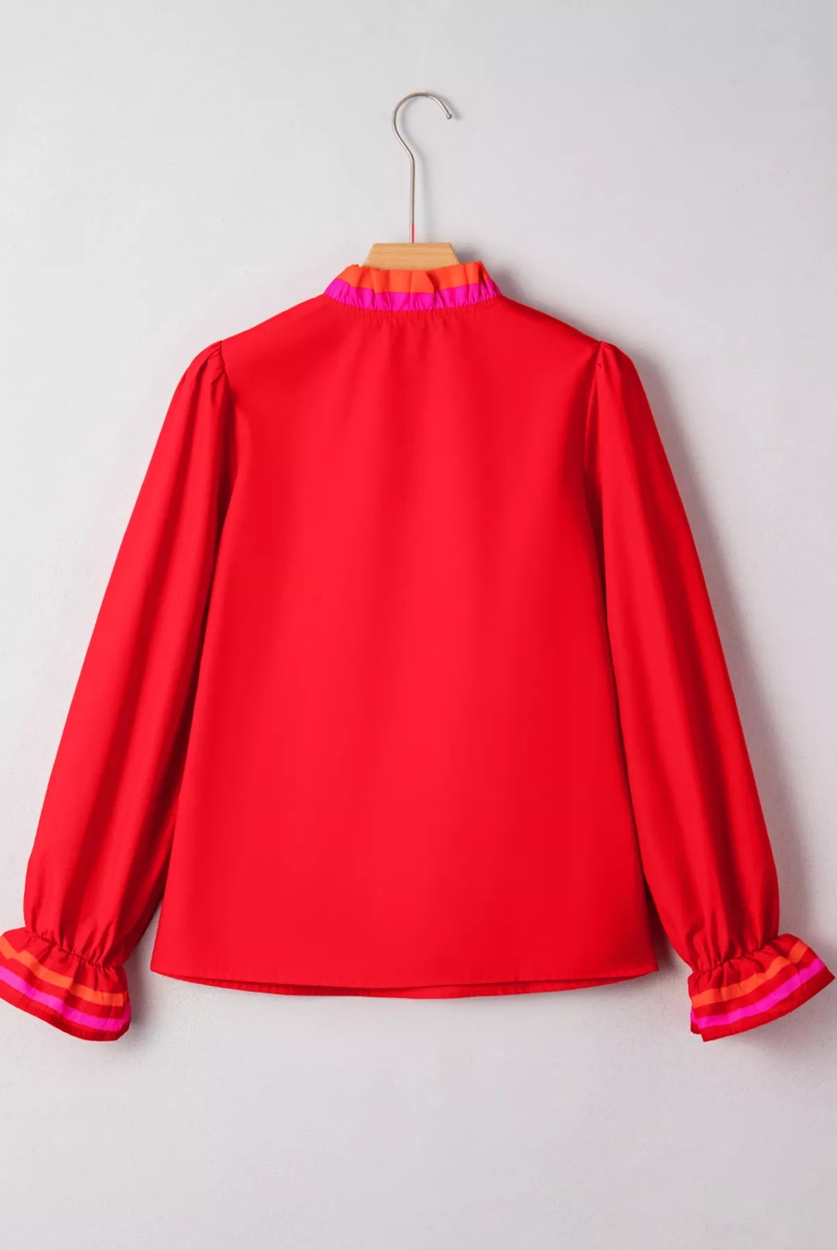 Striped Trim Ruffle Split Neck Long Sleeve Blouse - Deadwood South Boutique & Company LLC