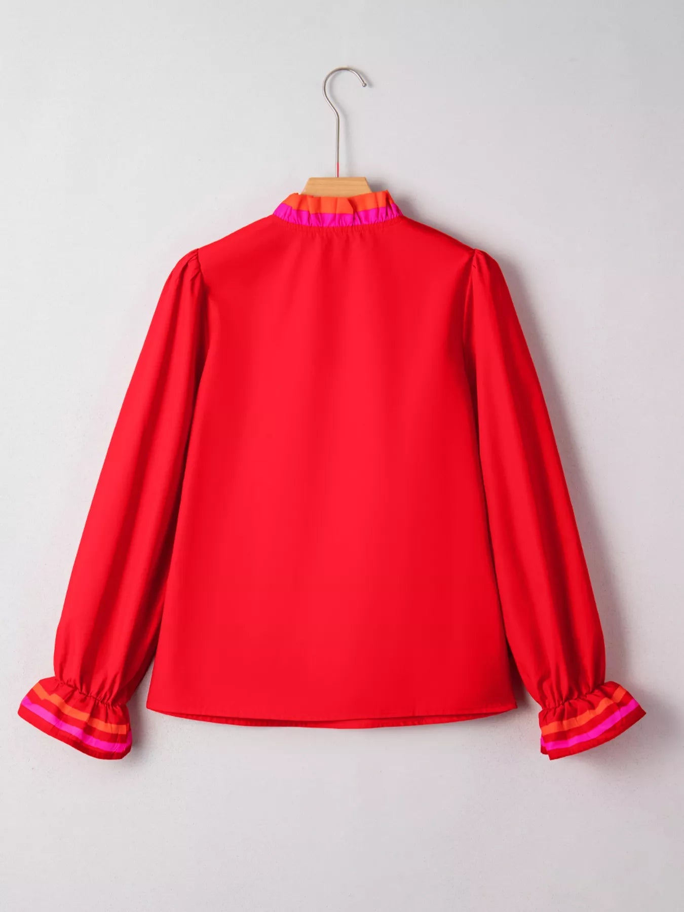 Striped Trim Ruffle Split Neck Long Sleeve Blouse - Deadwood South Boutique & Company LLC