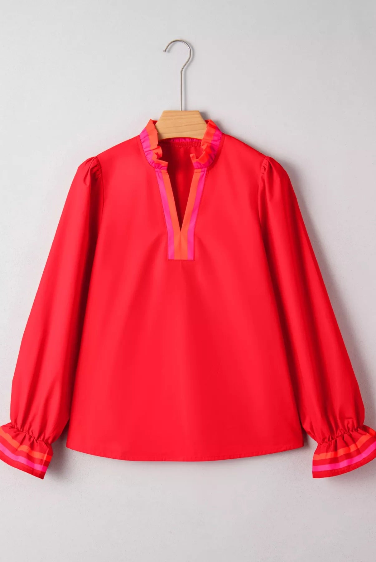 Striped Trim Ruffle Split Neck Long Sleeve Blouse - Deadwood South Boutique & Company LLC