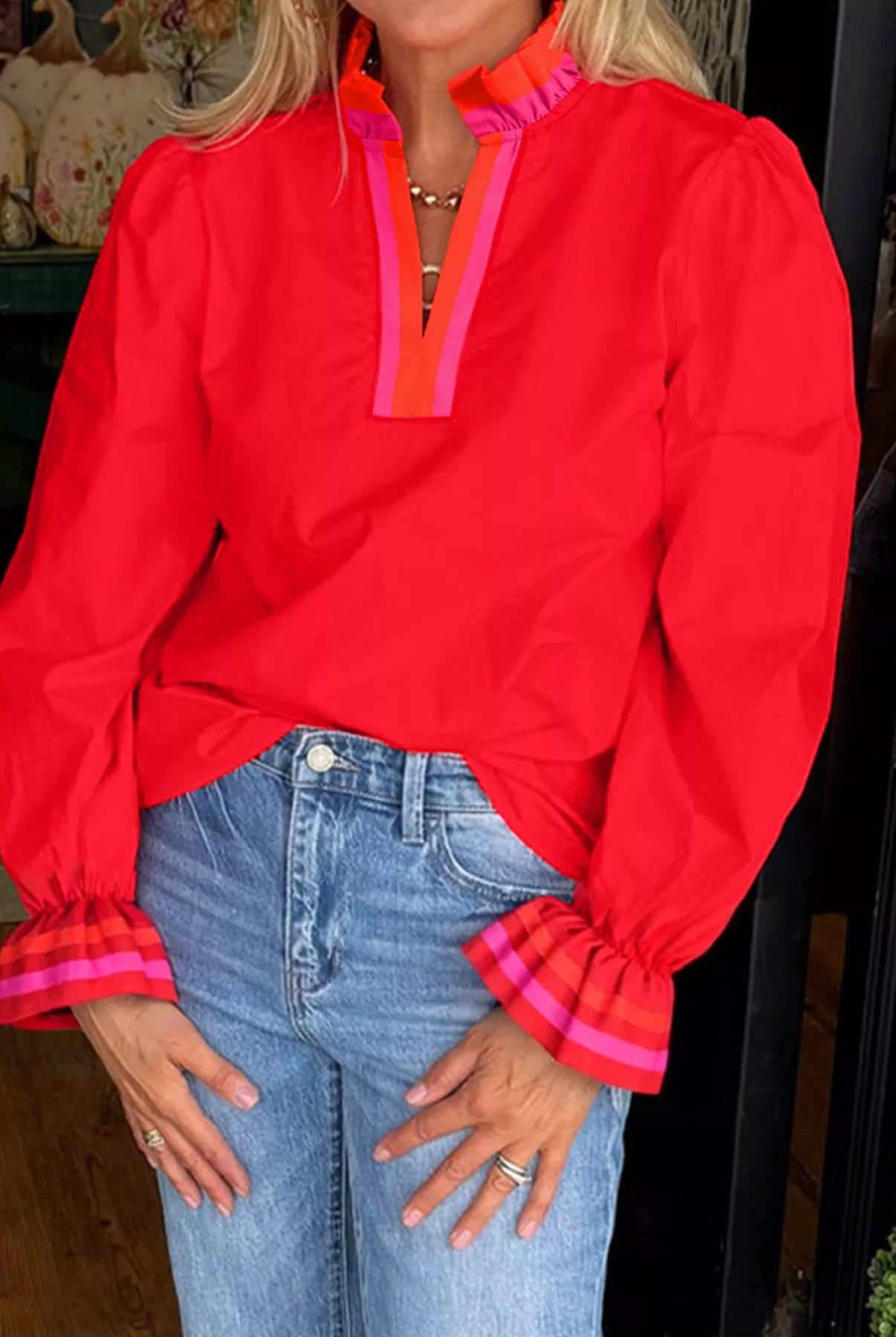 Striped Trim Ruffle Split Neck Long Sleeve Blouse - Deadwood South Boutique & Company LLC