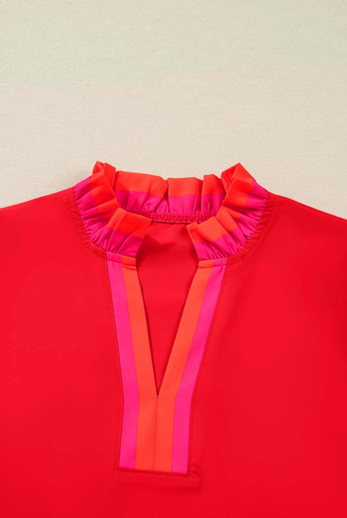 Striped Trim Ruffle Split Neck Long Sleeve Blouse - Deadwood South Boutique & Company LLC