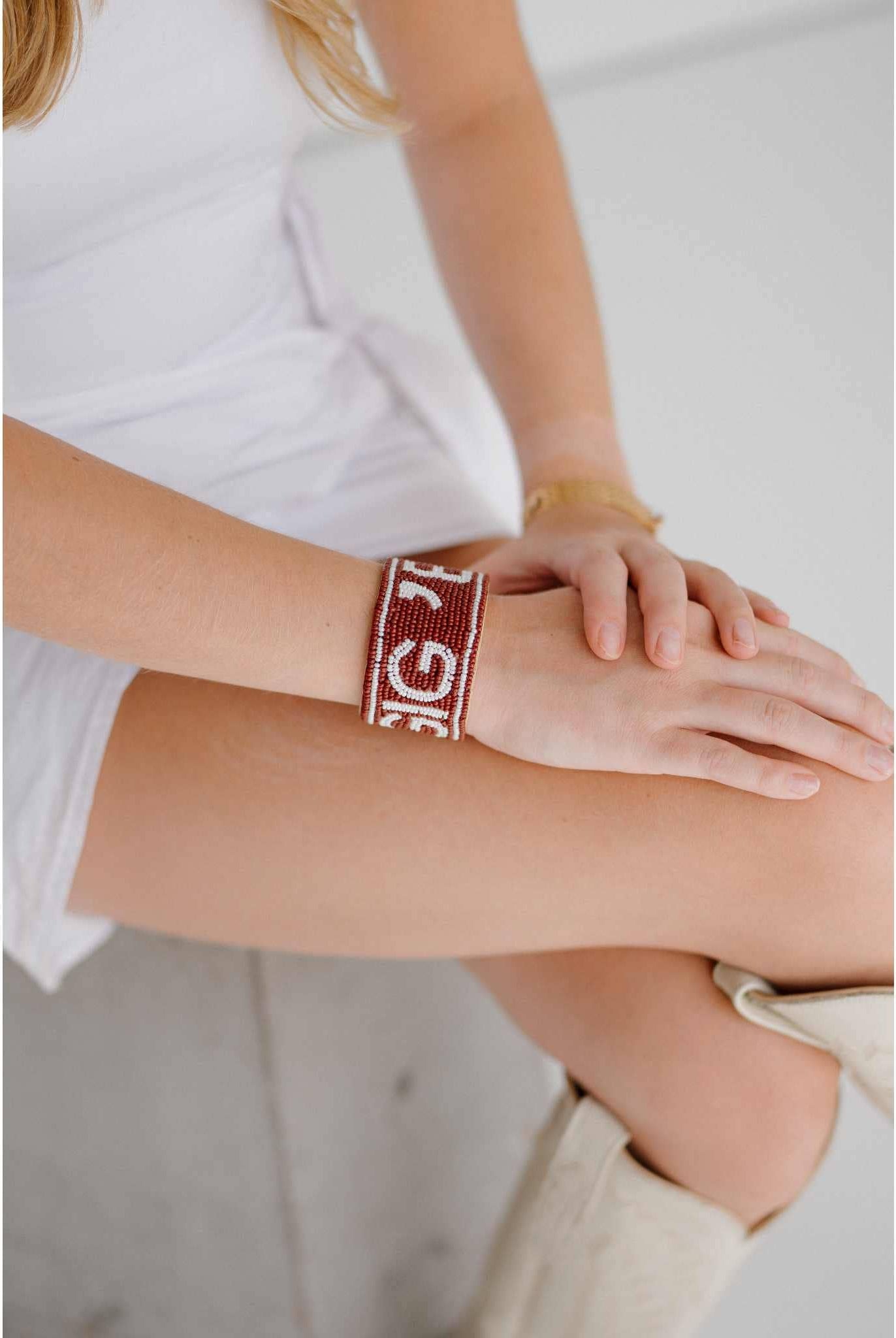 Texas A&M Gig 'Em Beaded Cuff in Maroon and White by Desden - Deadwood South Boutique & Company LLC