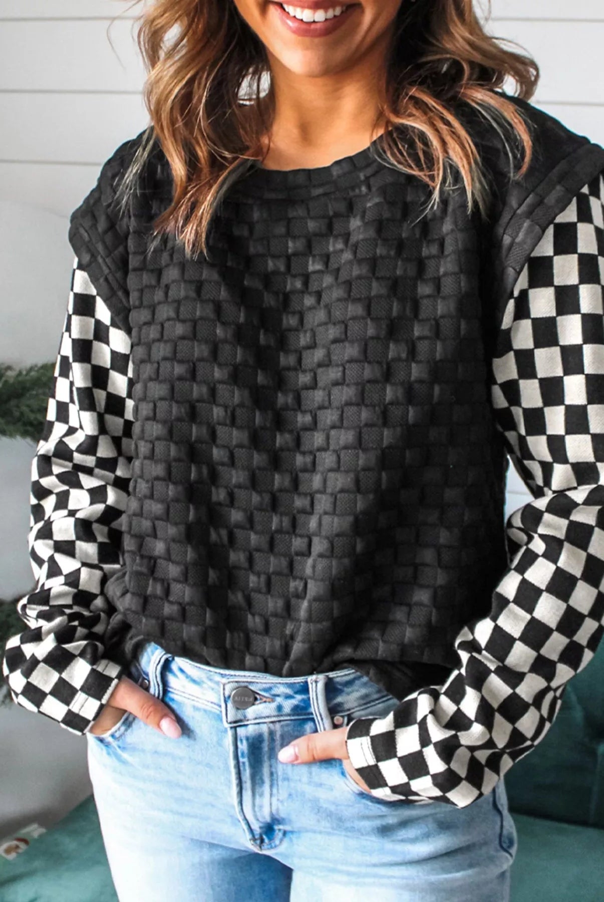 Textured Contrast Checkered Patchwork Long Sleeve Top - Deadwood South Boutique & Company LLC