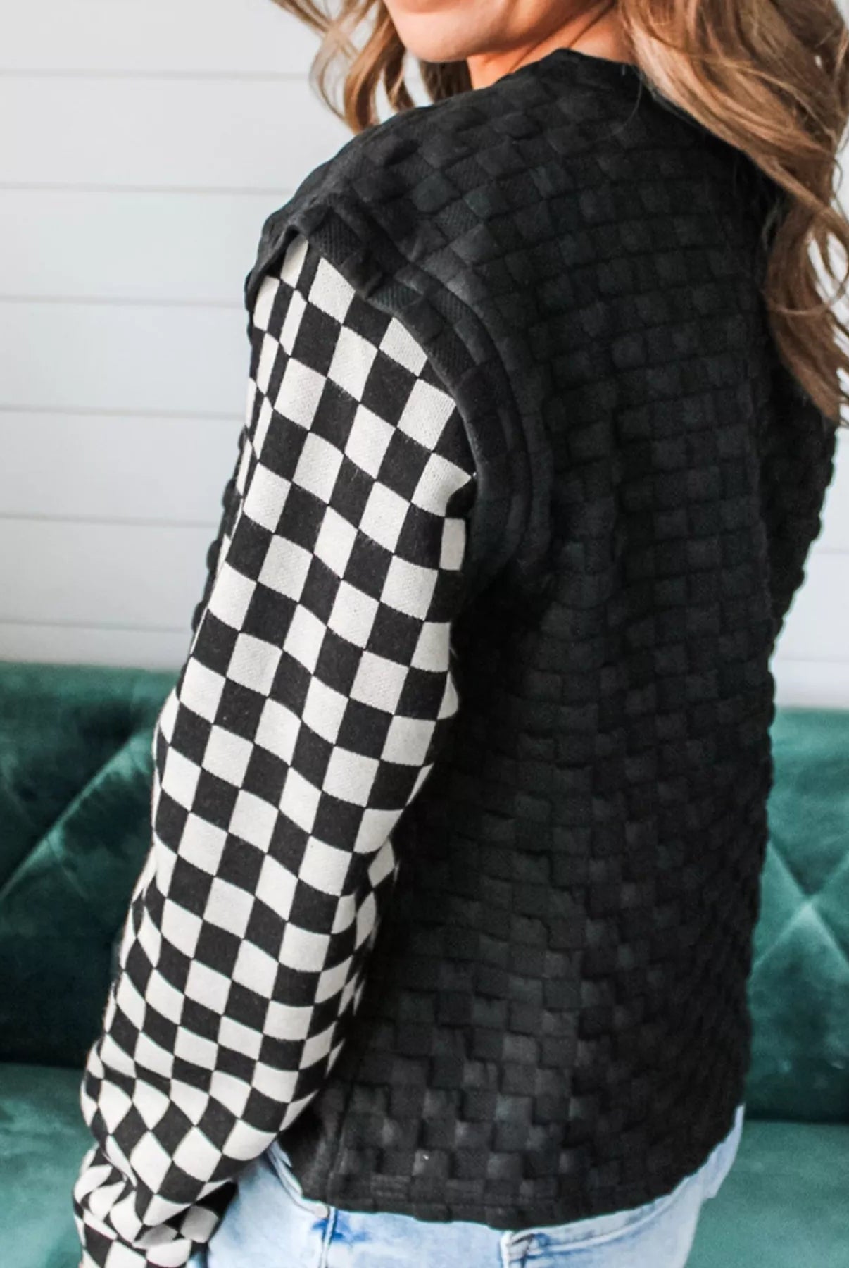 Textured Contrast Checkered Patchwork Long Sleeve Top - Deadwood South Boutique & Company LLC