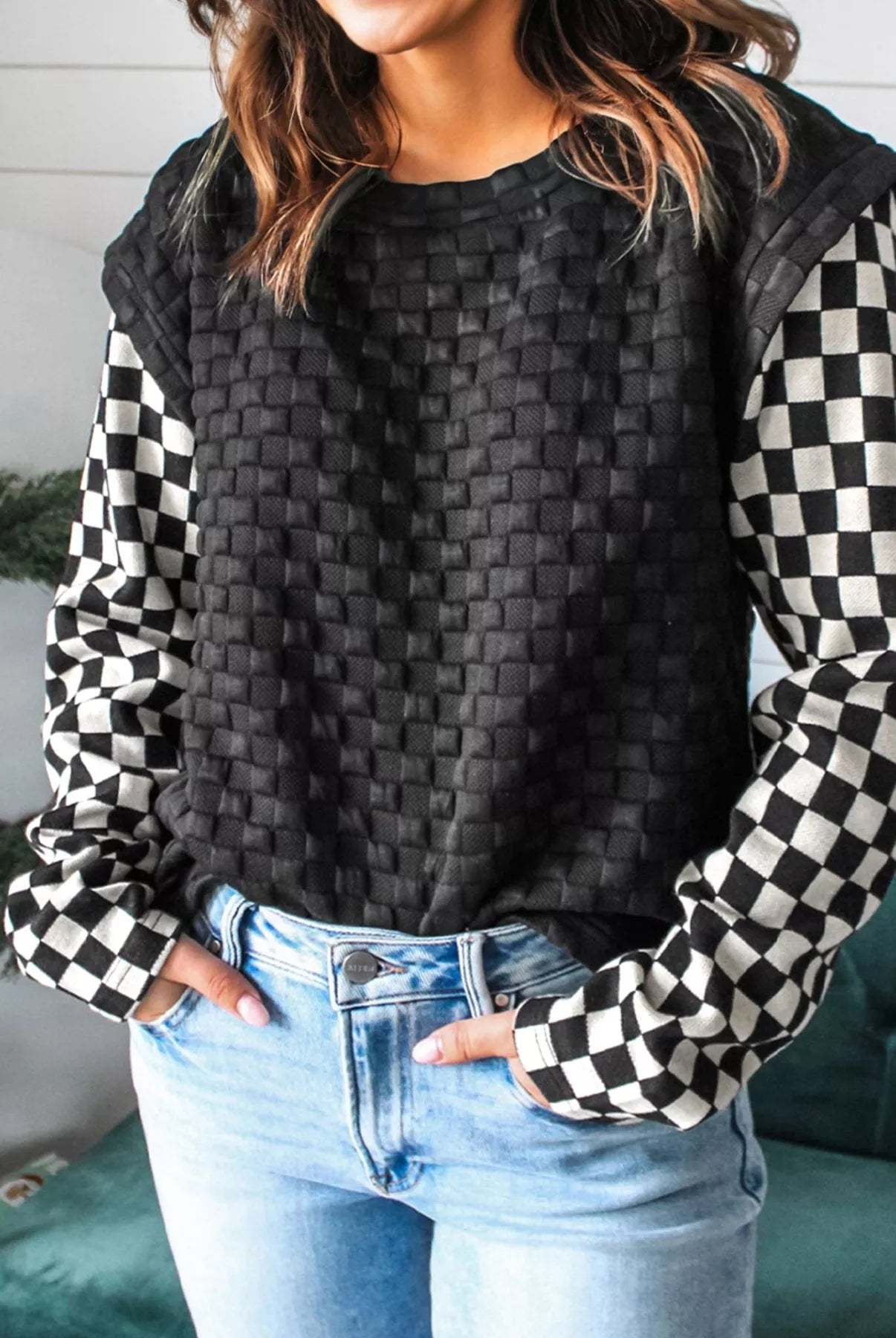 Textured Contrast Checkered Patchwork Long Sleeve Top - Deadwood South Boutique & Company LLC