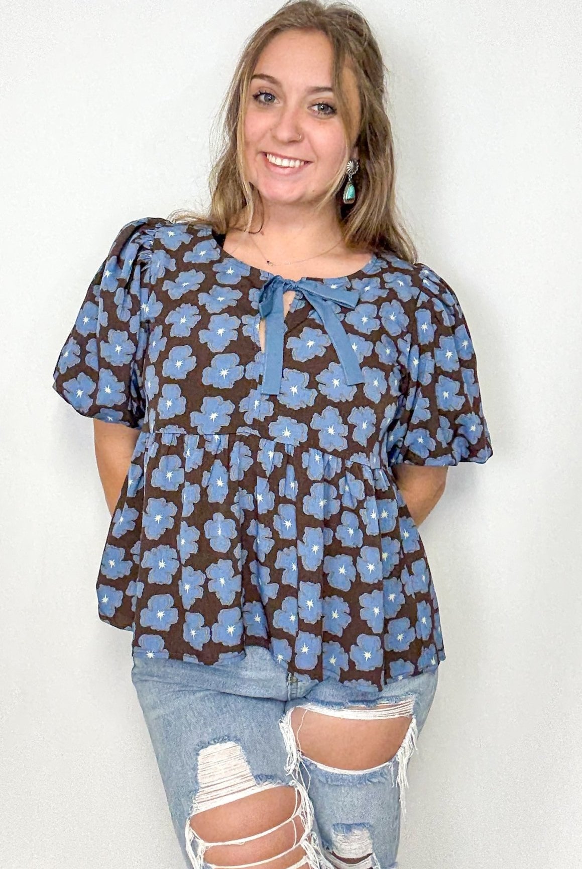 The Blue Floral Baby Doll Top - Deadwood South Boutique & Company LLC