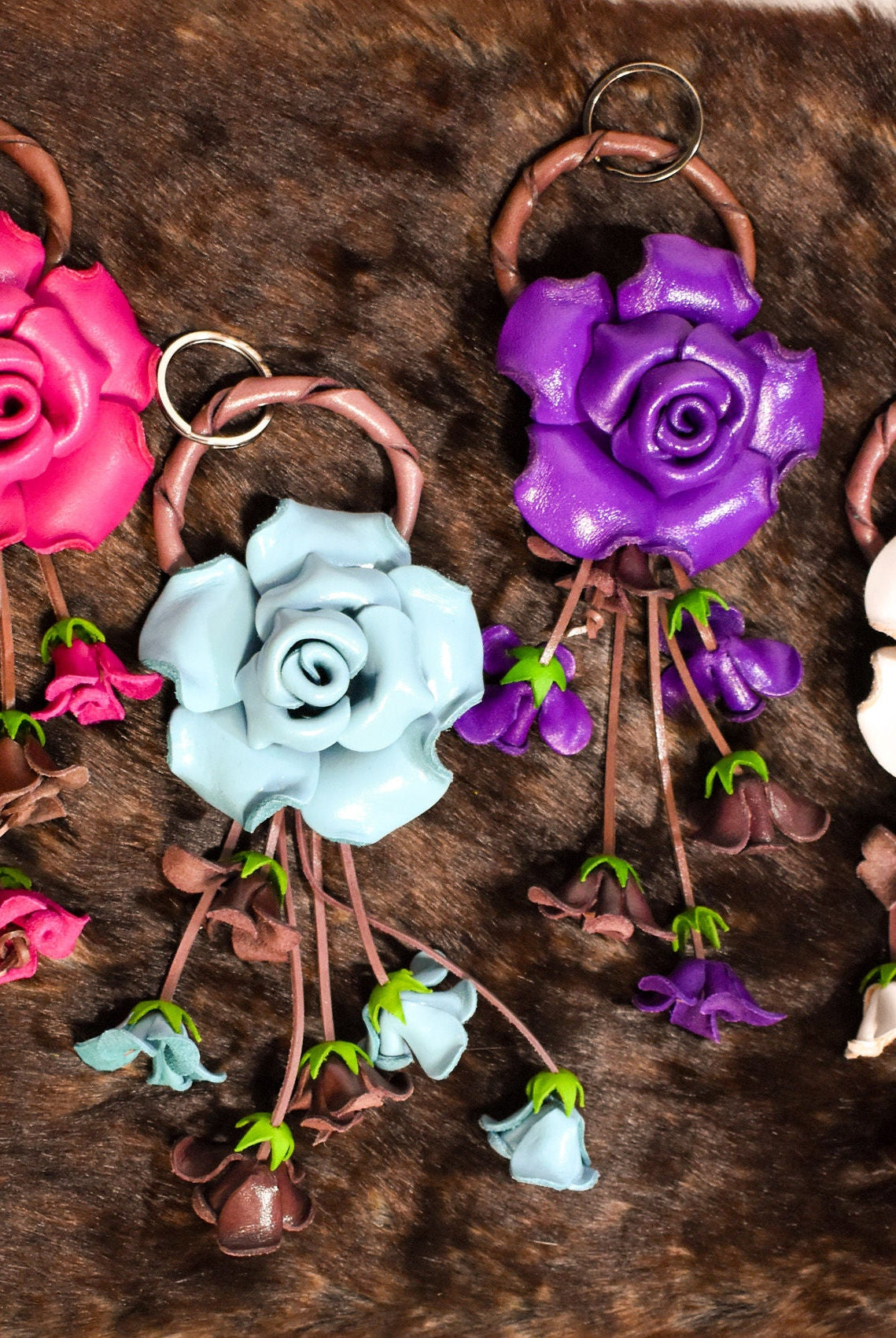 The Leather Flower Key Chain/ Bag Charm - Deadwood South Boutique & Company LLC