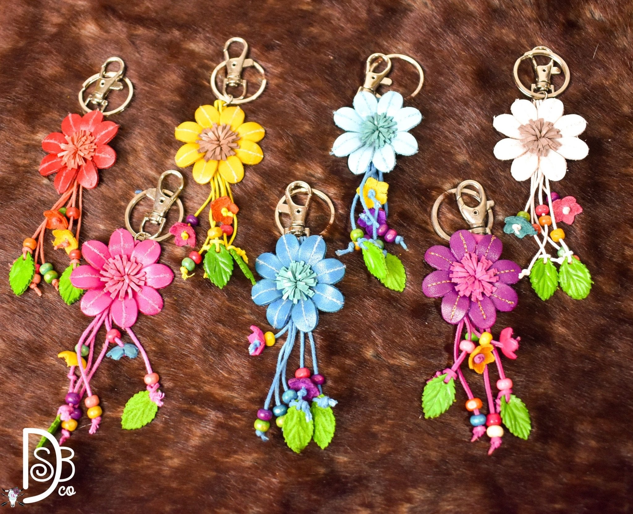 The Leather Flower Key Chain/ Bag Charm - Deadwood South Boutique & Company LLC