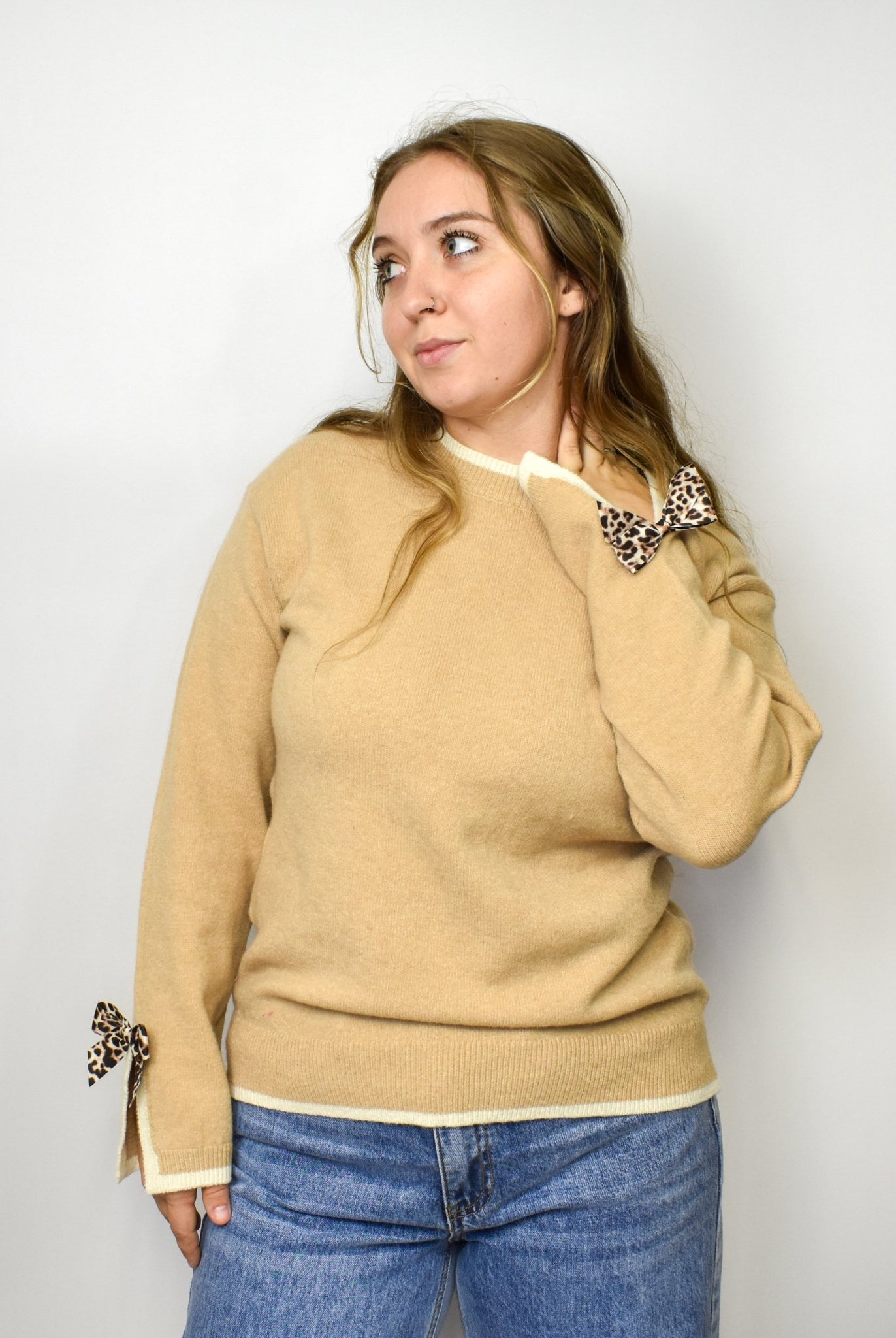 The Madelyne Sweater w/ Leopard Bow Detail - Deadwood South Boutique & Company LLC