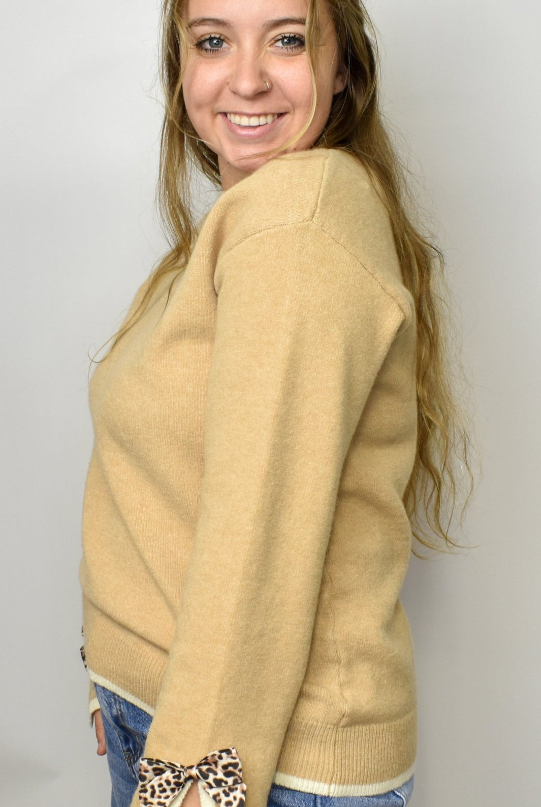 The Madelyne Sweater w/ Leopard Bow Detail - Deadwood South Boutique & Company LLC