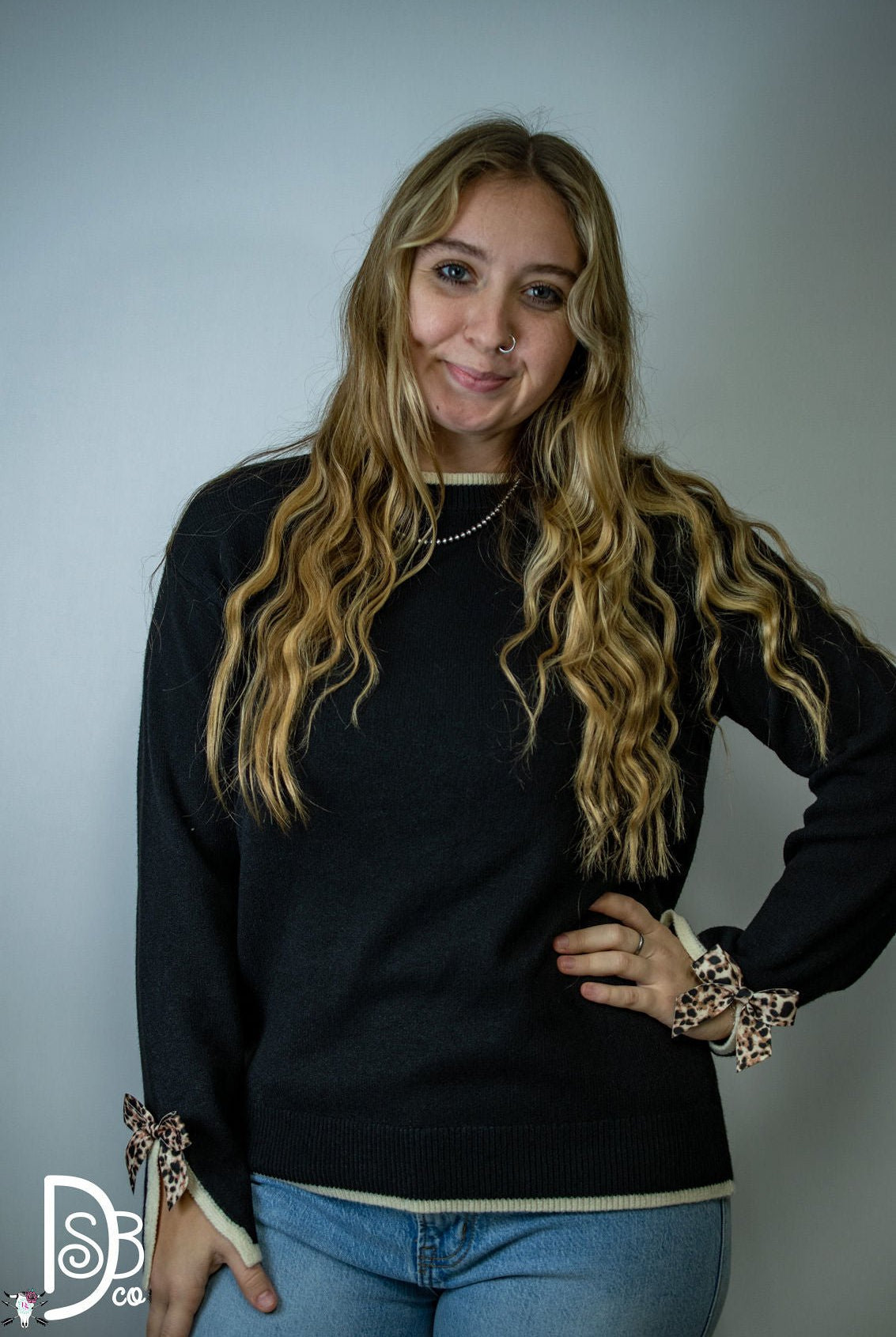 The Madelyne Sweater w/ Leopard Bow Detail - Deadwood South Boutique & Company LLC