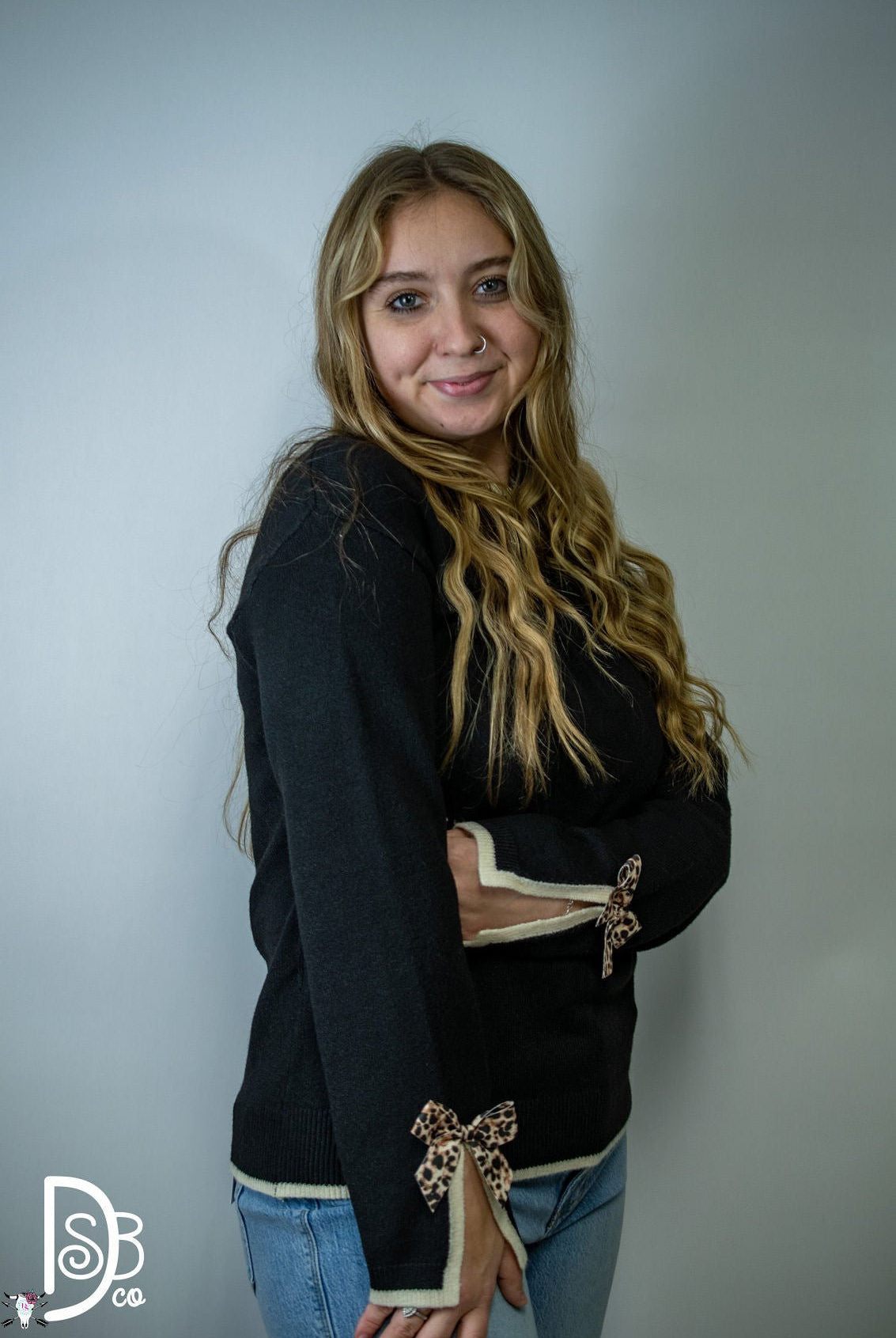 The Madelyne Sweater w/ Leopard Bow Detail - Deadwood South Boutique & Company LLC
