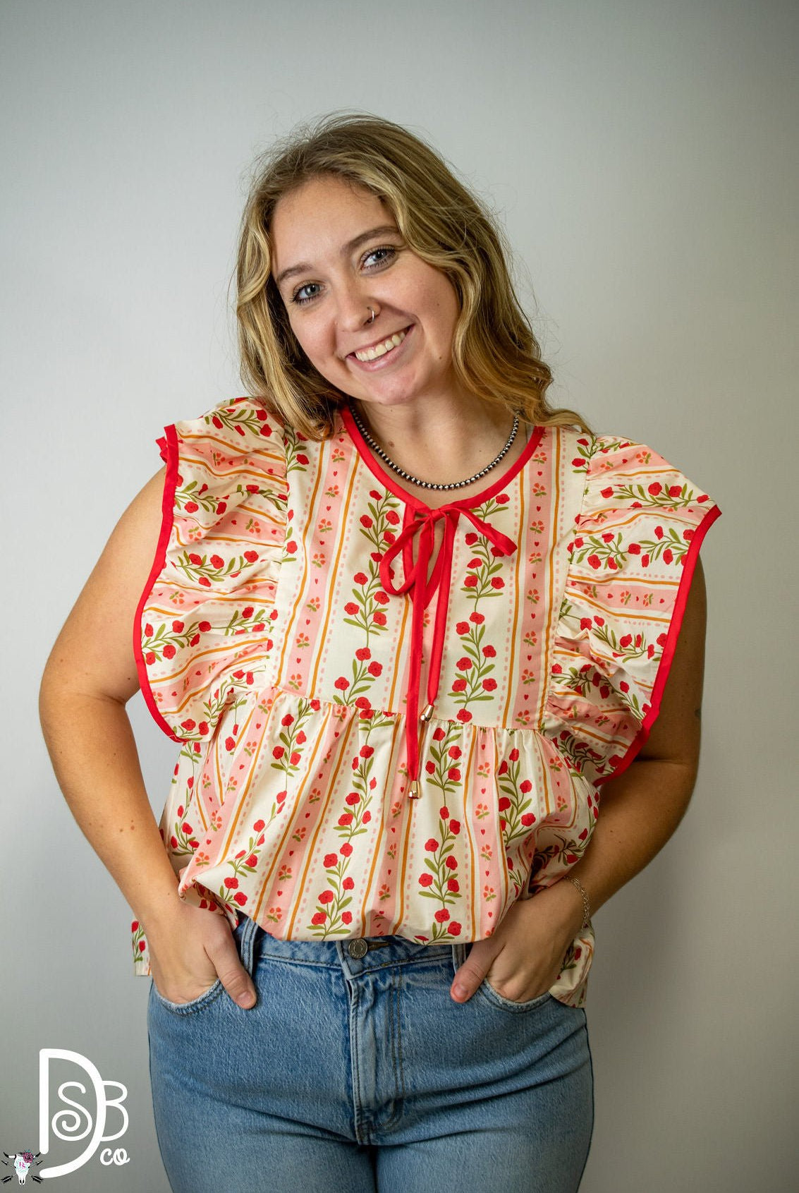 The Red Floral Ruffle Sleeve Top - Deadwood South Boutique & Company LLC