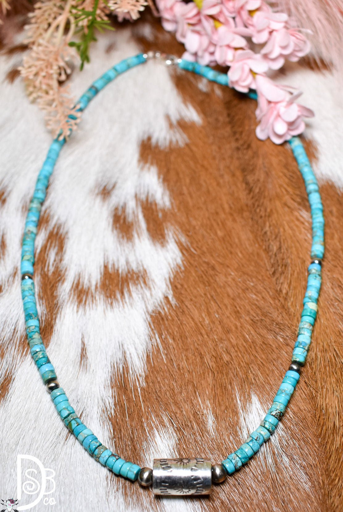 Turquoise Chip Necklace with Sterling Cylinder Pendant - Deadwood South Boutique & Company LLC