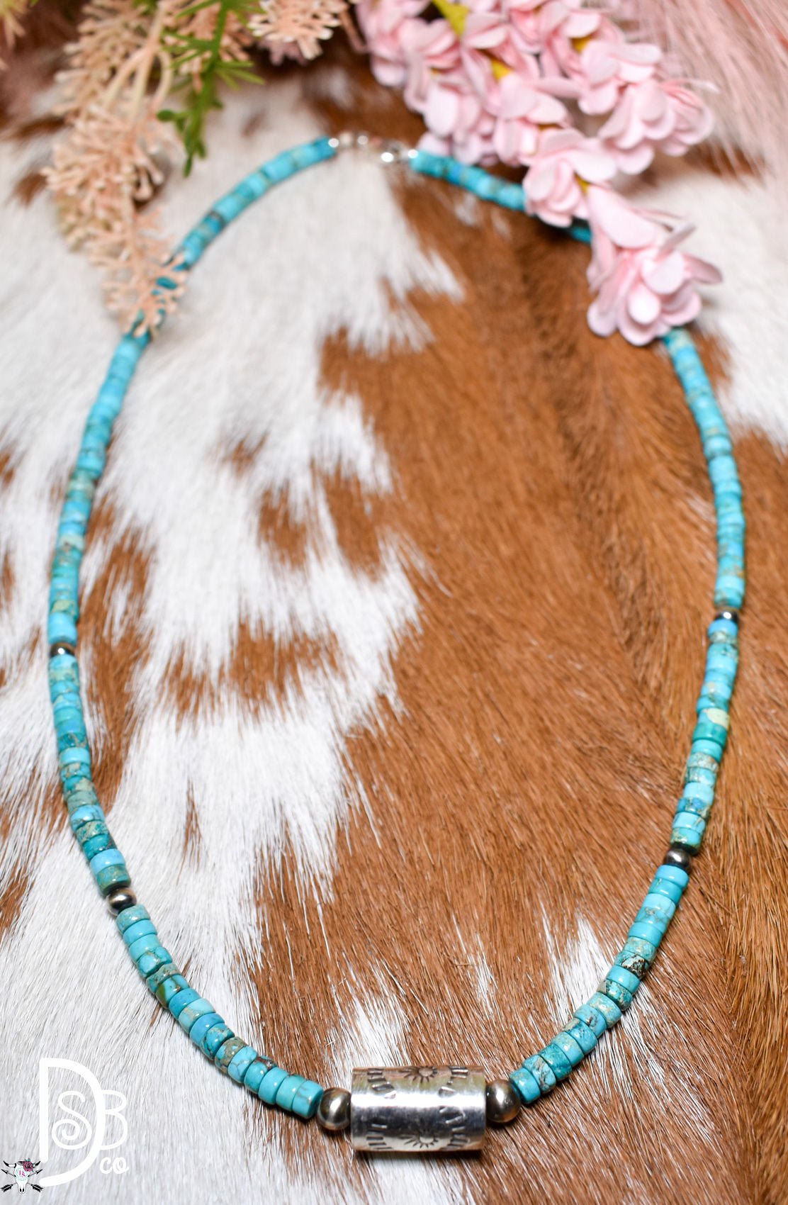 Turquoise Chip Necklace with Sterling Cylinder Pendant - Deadwood South Boutique & Company LLC