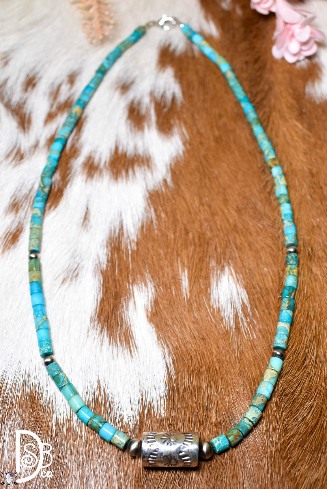 Turquoise Chip Necklace with Sterling Cylinder Pendant - Deadwood South Boutique & Company LLC