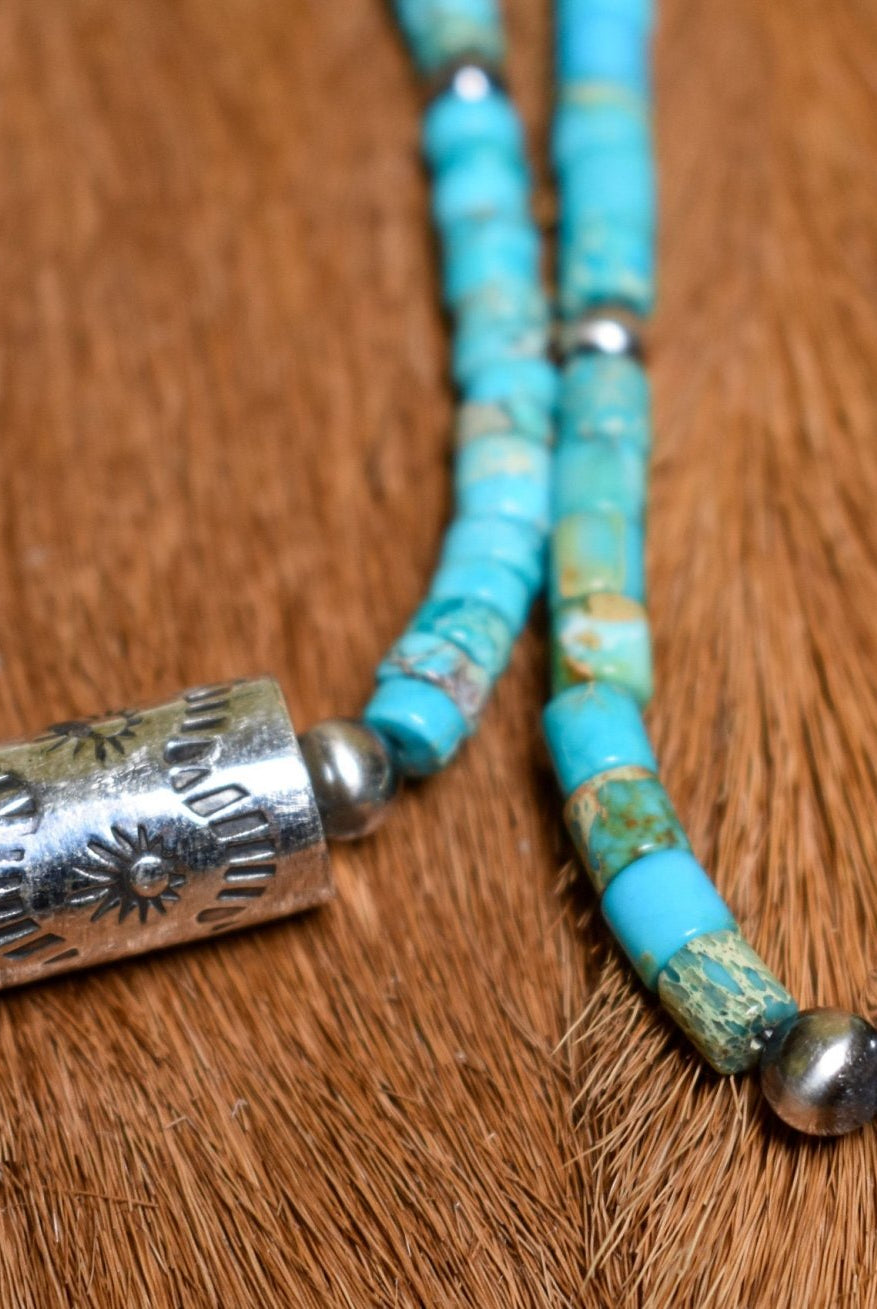 Turquoise Chip Necklace with Sterling Cylinder Pendant - Deadwood South Boutique & Company LLC
