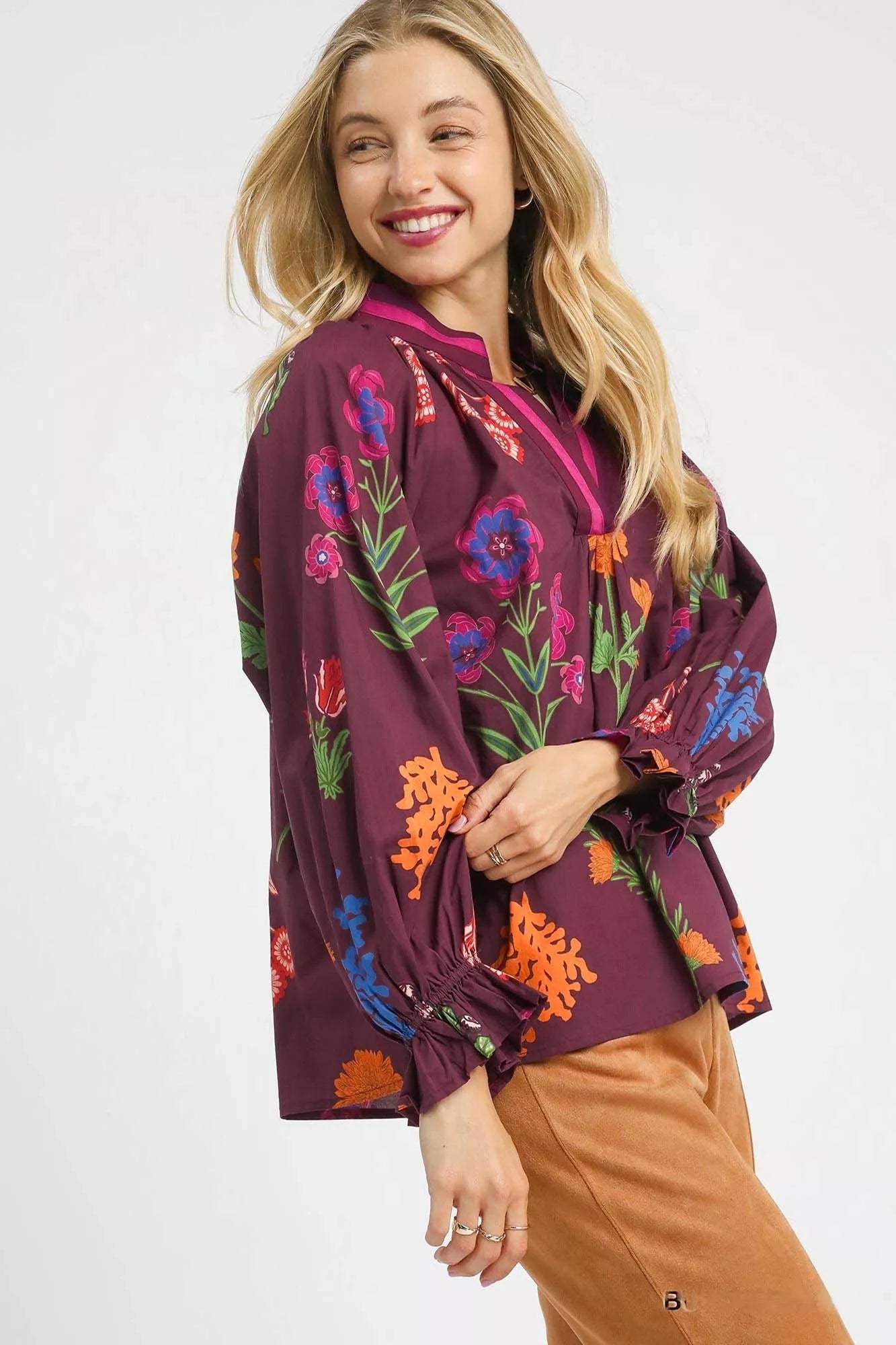 Umgee Floral Print Flounce Sleeve Blouse - Deadwood South Boutique & Company LLC