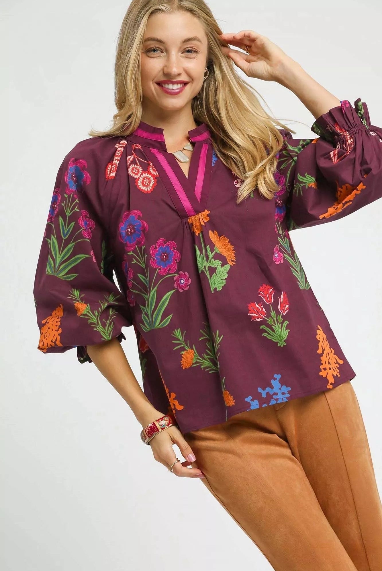 Umgee Floral Print Flounce Sleeve Blouse - Deadwood South Boutique & Company LLC
