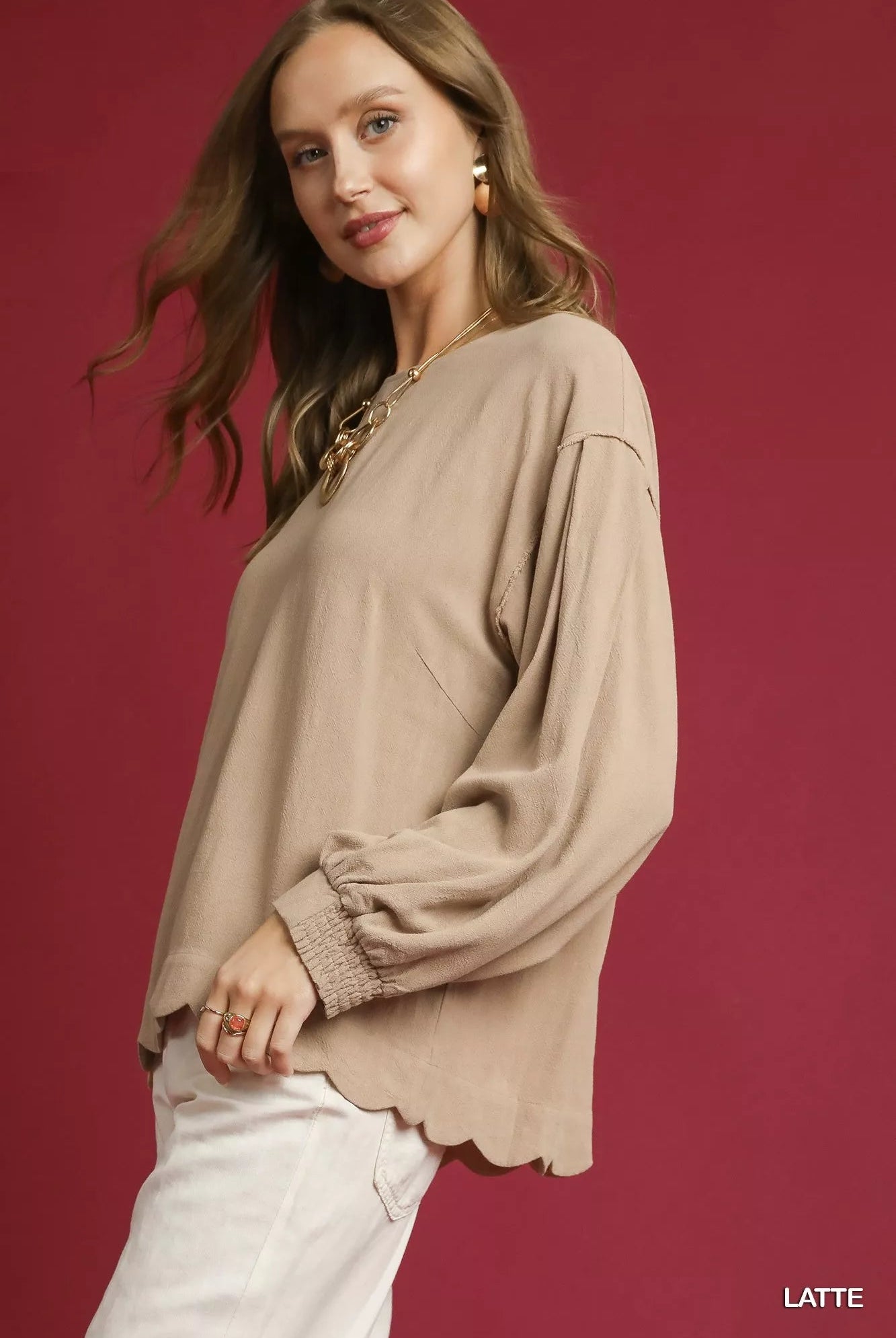 Umgee Linen Scallop Hem Long Sleeve Blouse - Deadwood South Boutique & Company LLC