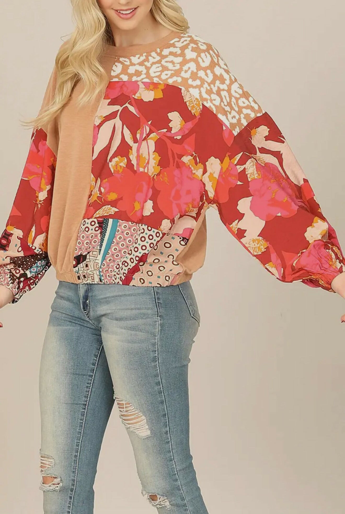 Camel Multi Print Top-Tops & Tees-Vintage Cowgirl-Deadwood South Boutique, Women's Fashion Boutique in Henderson, TX