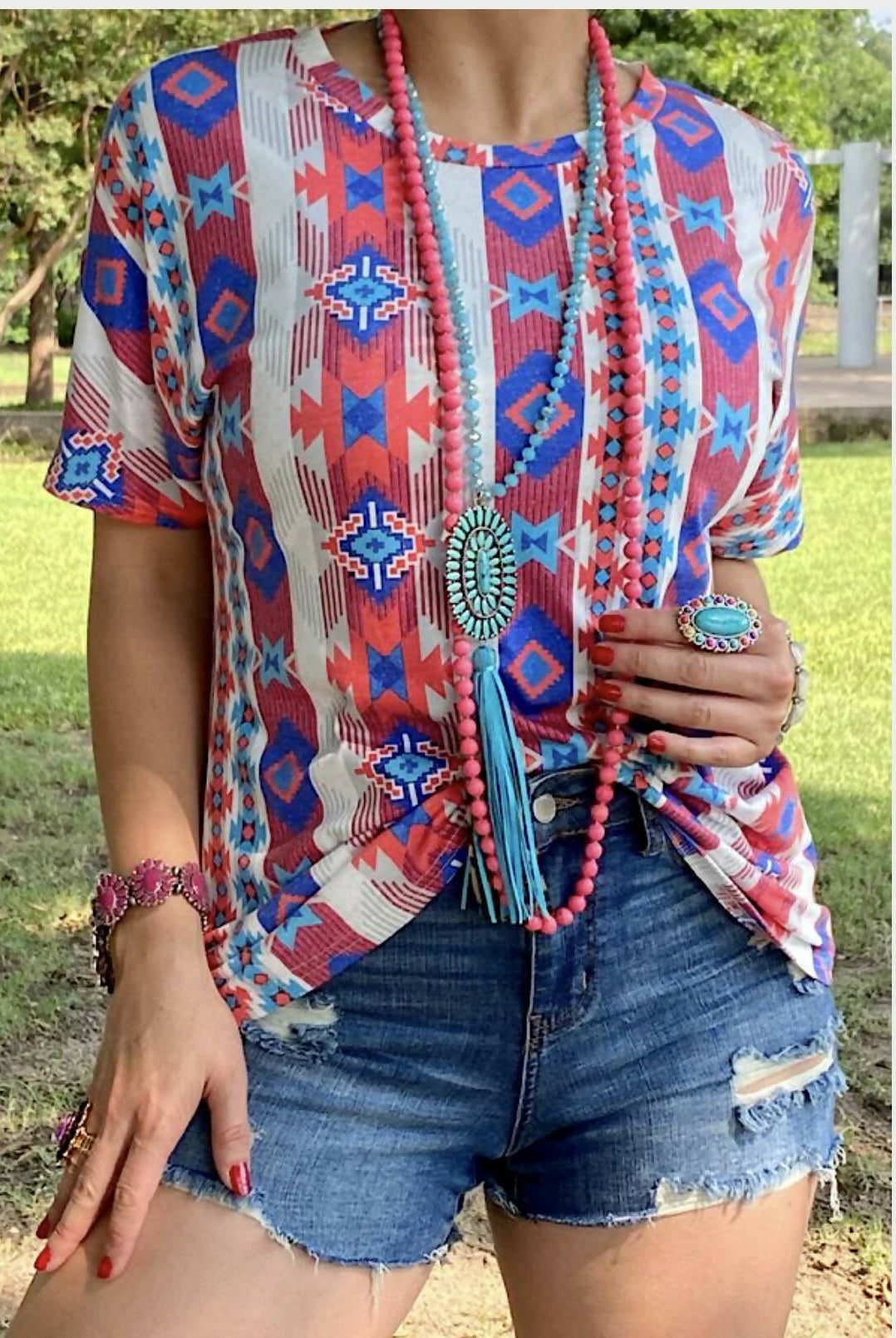 Red White & Blue Aztec Top-Short Sleeves-Vintage Cowgirl-Deadwood South Boutique, Women's Fashion Boutique in Henderson, TX