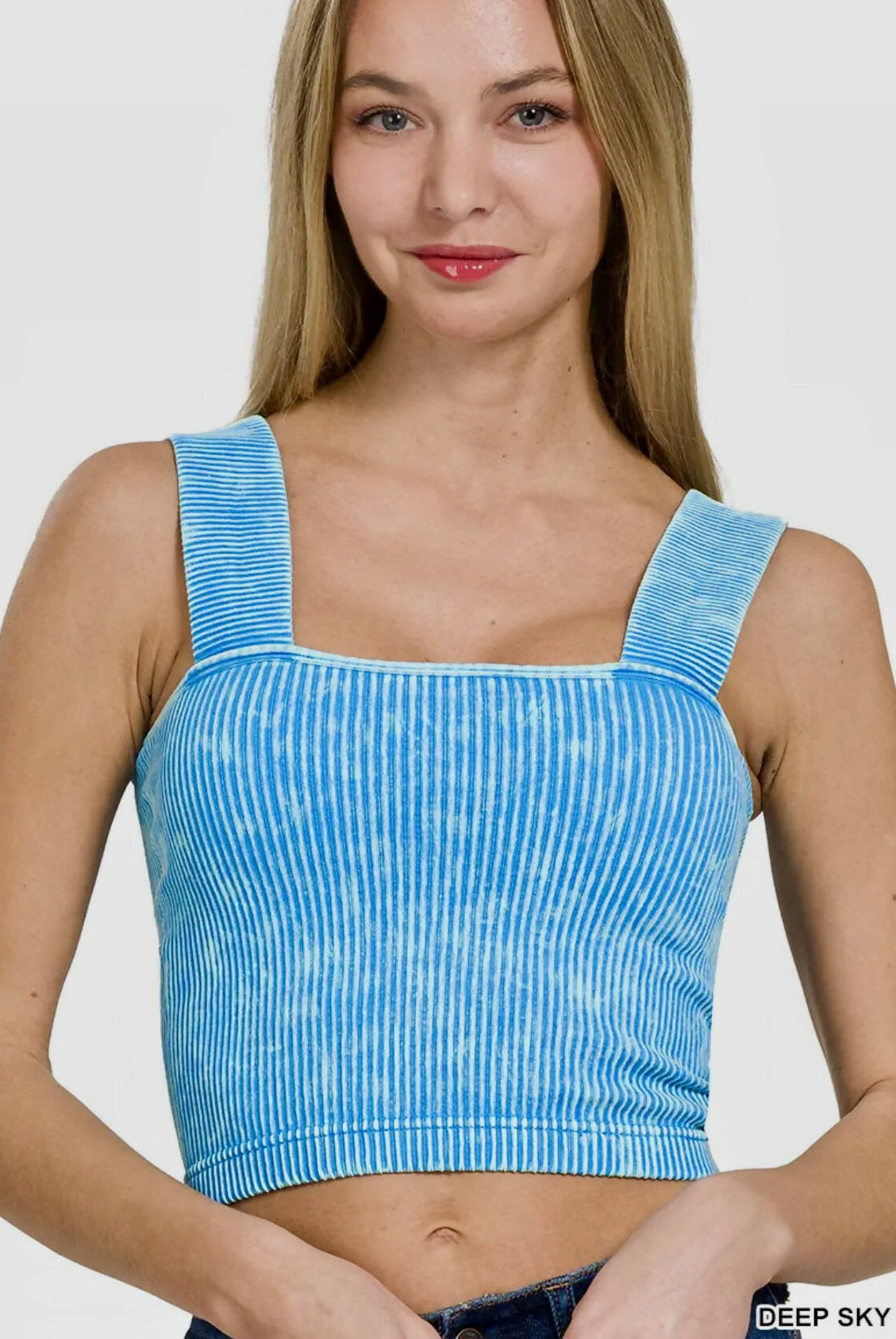 Sky Blue Ribbed Top w/Bra-Tanks-Vintage Cowgirl-Deadwood South Boutique, Women's Fashion Boutique in Henderson, TX