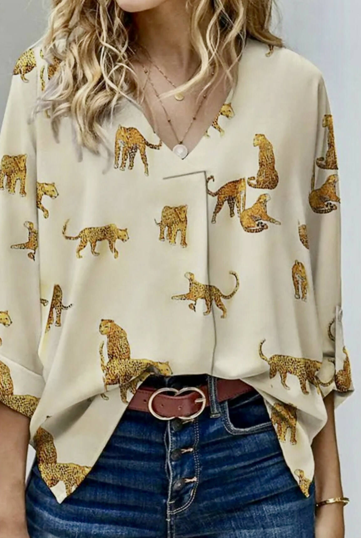 Leopard Rolled Blouse-Short Sleeves-Vintage Cowgirl-Deadwood South Boutique, Women's Fashion Boutique in Henderson, TX