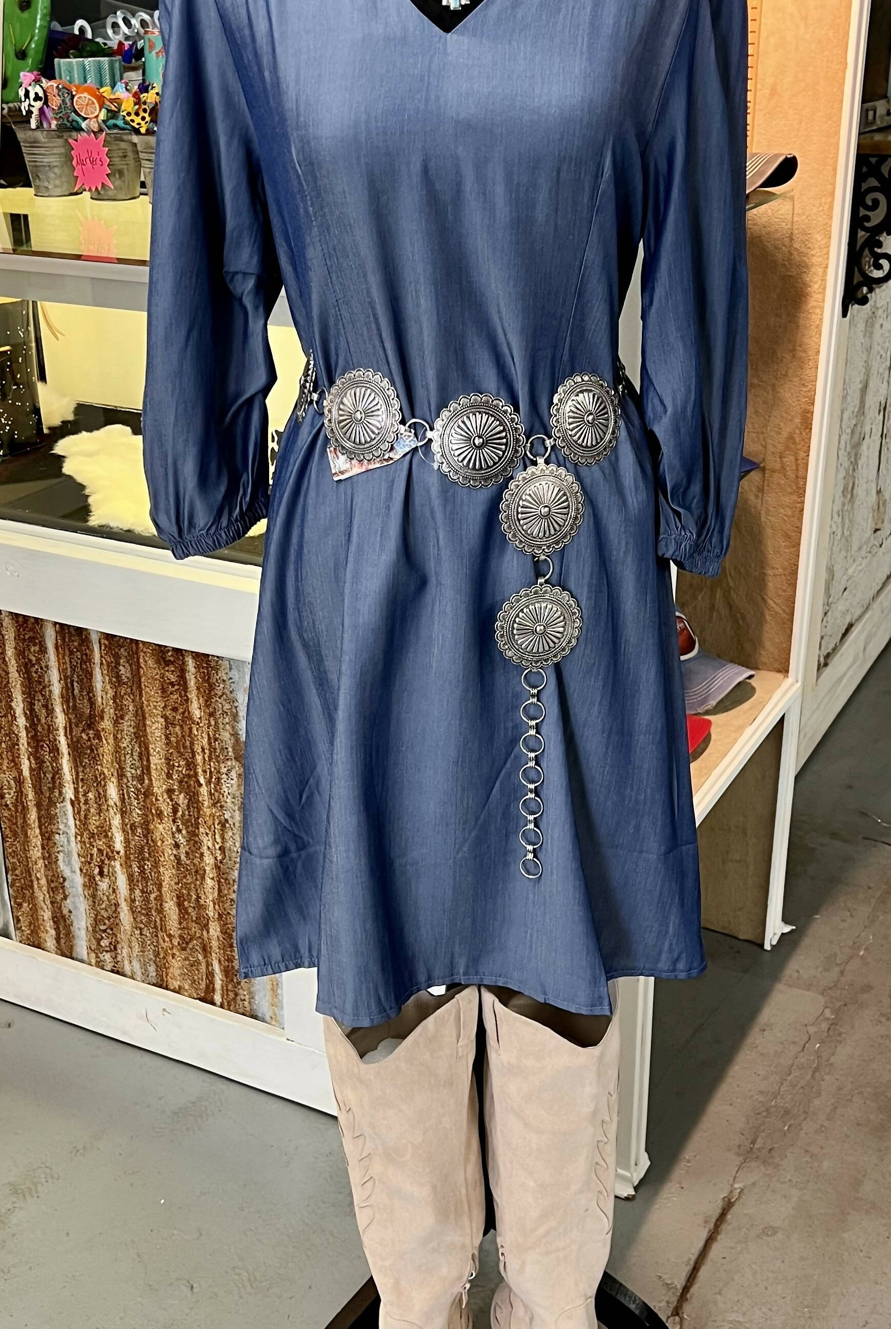 Ava V-Neck Denim Dress-Dresses-Vintage Cowgirl-Deadwood South Boutique, Women's Fashion Boutique in Henderson, TX