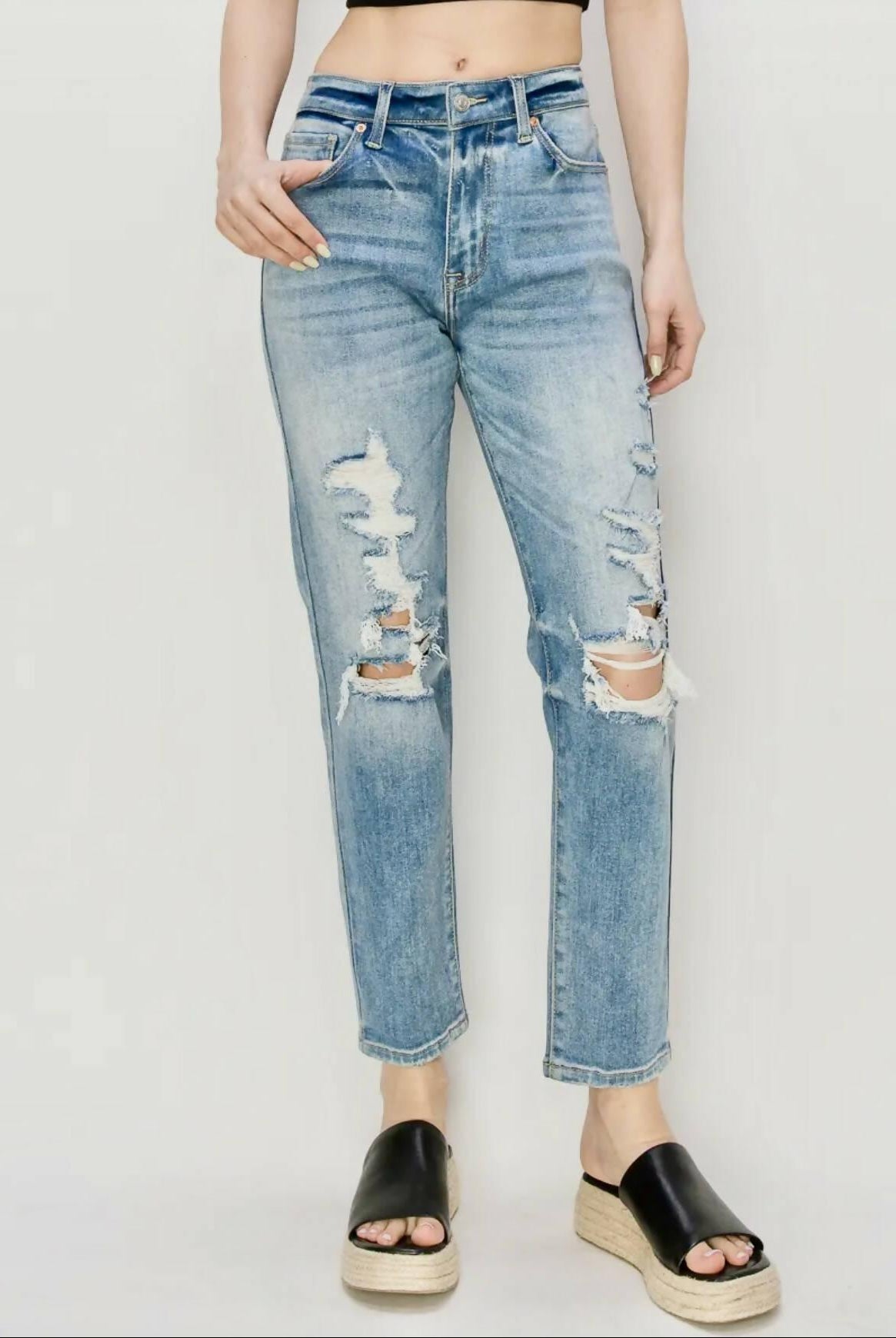 River HR Stretch Distressed Mom Jeans - Deadwood South Boutique & Company LLC