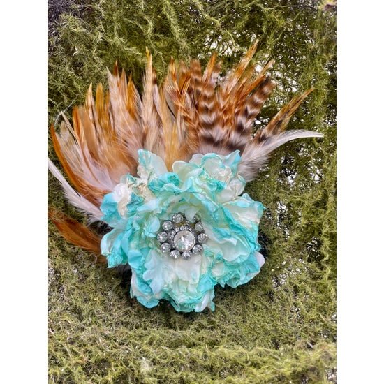 Turquoise Vintage Silk Rayon Feather Flower Hat Pin - Deadwood South Boutique & Company LLC