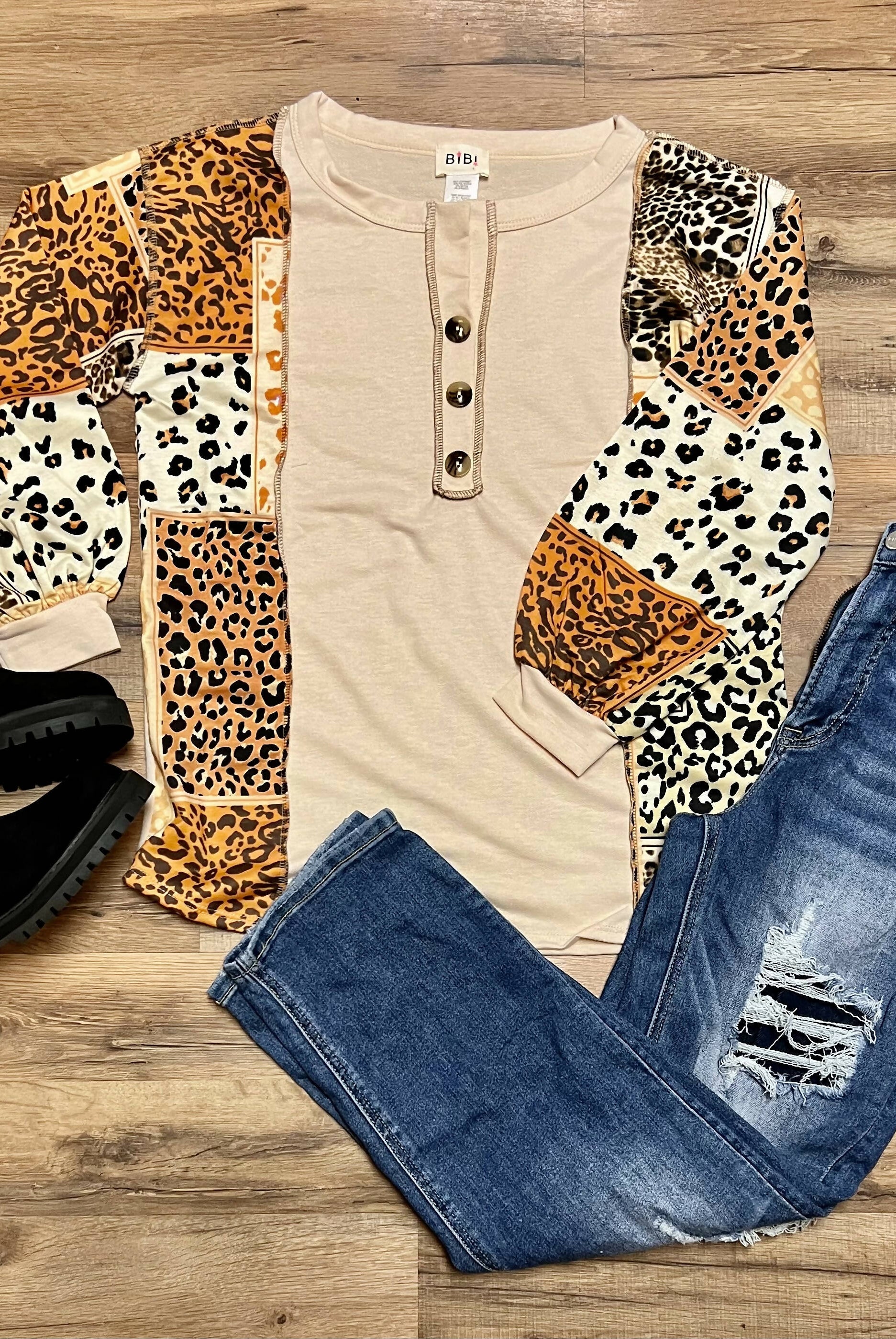 Sutton Block Leopard Top-Long Sleeves-Vintage Cowgirl-Deadwood South Boutique, Women's Fashion Boutique in Henderson, TX