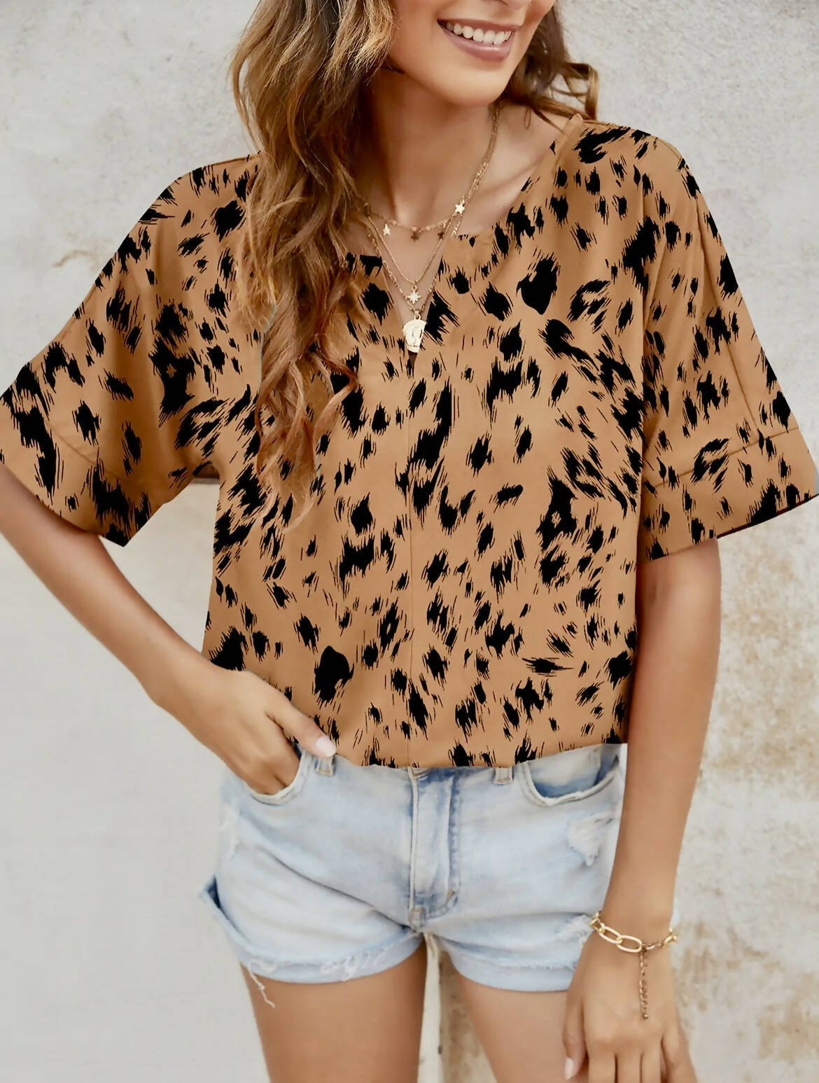 Callie Leopard V-Neck Top-Short Sleeves-Vintage Cowgirl-Deadwood South Boutique, Women's Fashion Boutique in Henderson, TX