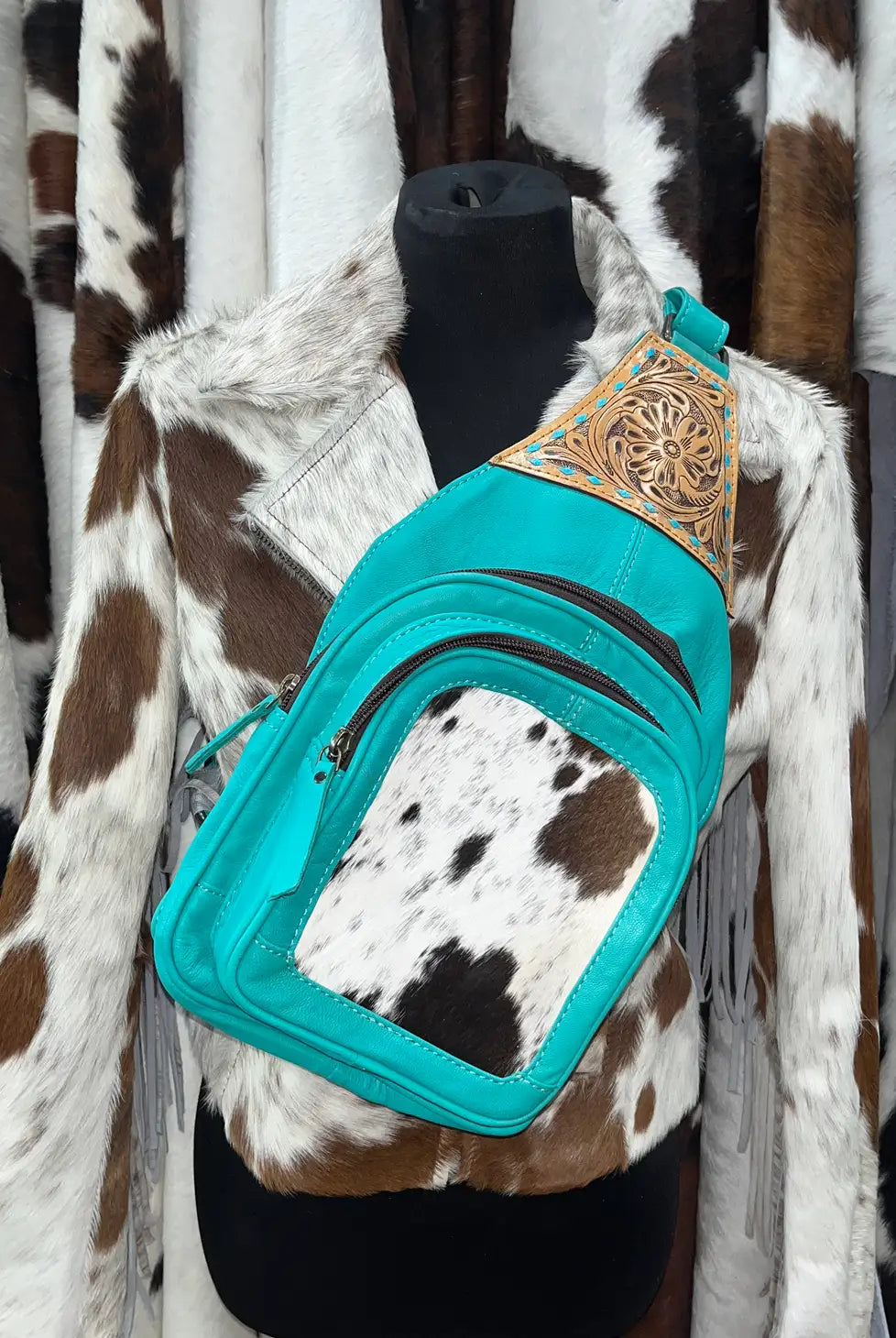 Turquoise Tooled & Cowhide Satchel Sling Bag-Bags & Purses-Deadwood South Boutique & Company-Deadwood South Boutique, Women's Fashion Boutique in Henderson, TX
