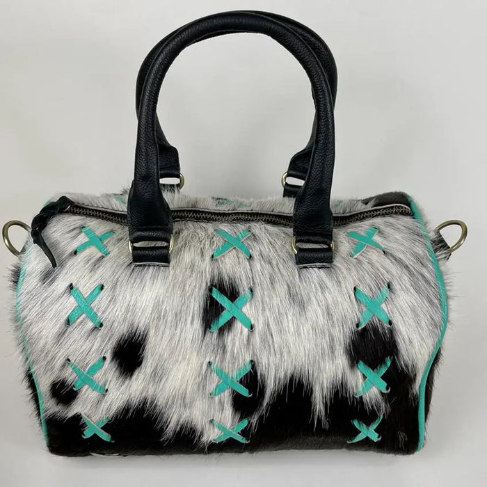 Cowhide Speedy Bag with Turquoise Leather Stitching-Bags & Purses-Deadwood South Boutique & Company-Deadwood South Boutique, Women's Fashion Boutique in Henderson, TX